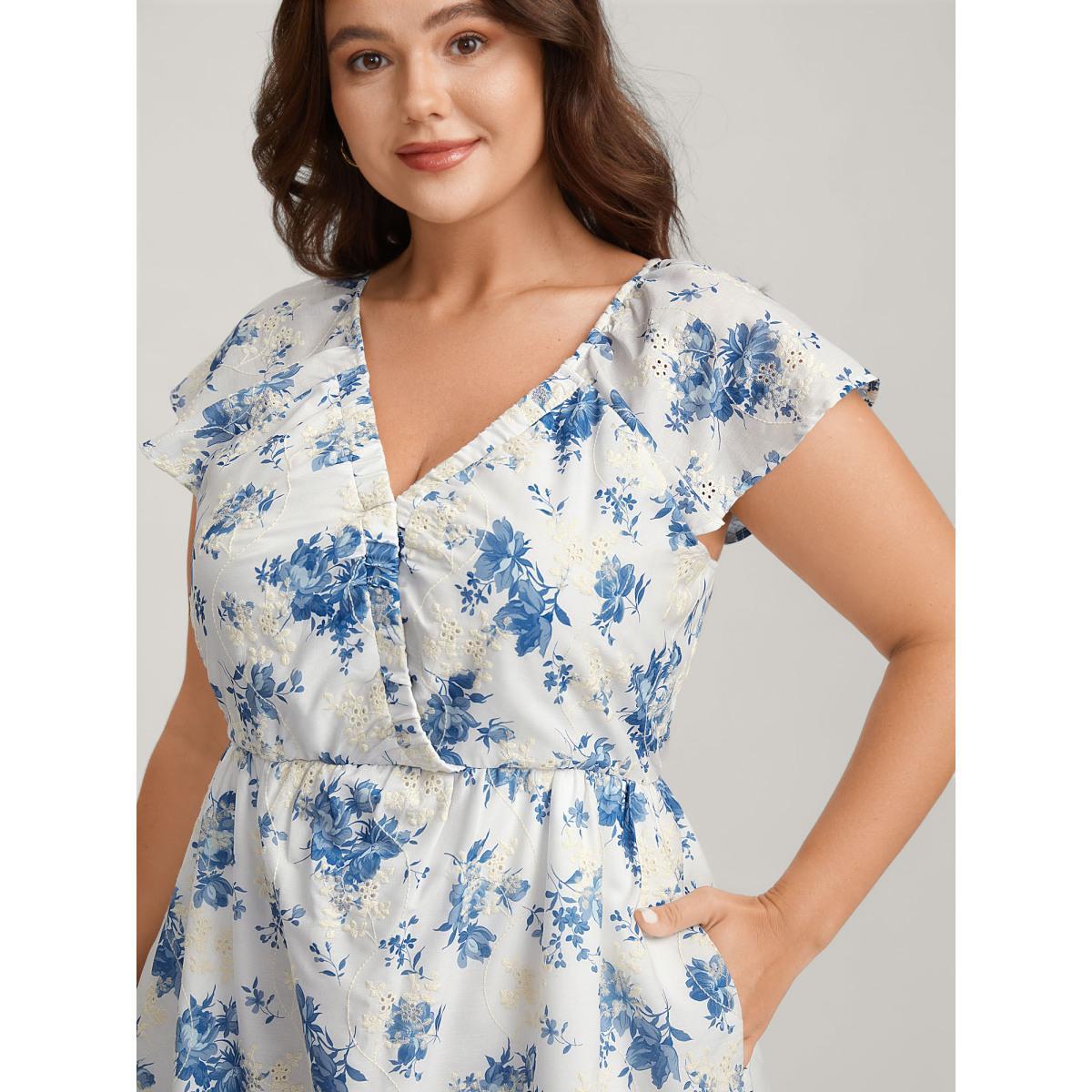 Plus Size Embroidered Floral Flutter Sleeve Midi Dress LightBlue Women V-neck Cap Sleeve Curvy BloomChic 18-20/2X Product Image
