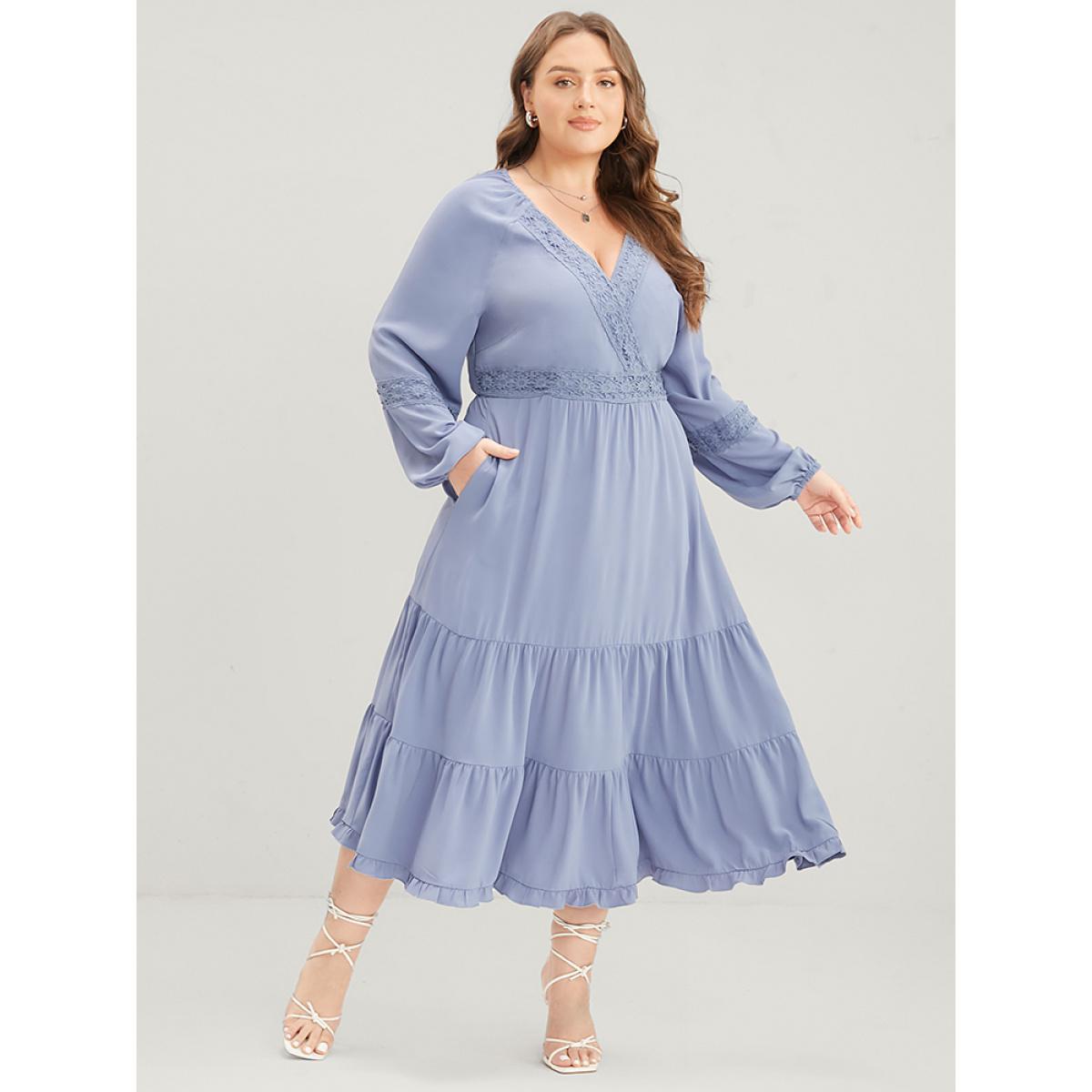 Plus Size Plain Wrap Pocket Lantern Sleeve Contrast Lace Ruffle Tiered Dress Stone Women Elegant Patchwork V-neck Long Sleeve Curvy Midi Dress BloomChic 10/M Product Image