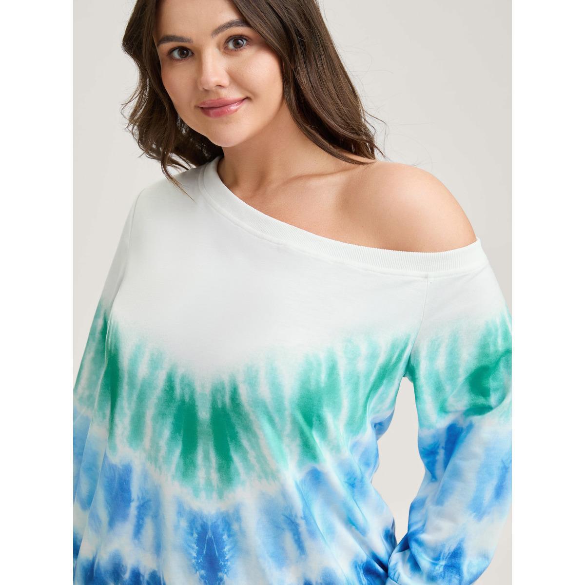 Plus Size Tie-Dye One-Shoulder Sweatshirt Women Mediumblue Asymmetrical Neck Everyday-Casual Sweatshirts BloomChic 22-24/3X Product Image