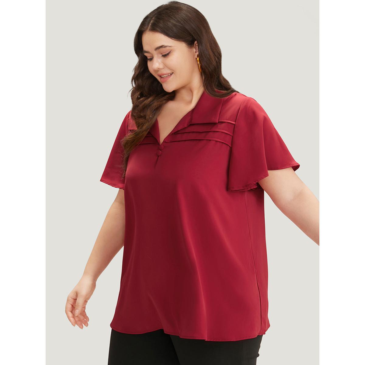 Plus Size Scarlet Plain Shirt Collar Button Detail Pleated Blouse Women Office Short sleeve Shirt collar Work Blouses BloomChic 30/6X Product Image