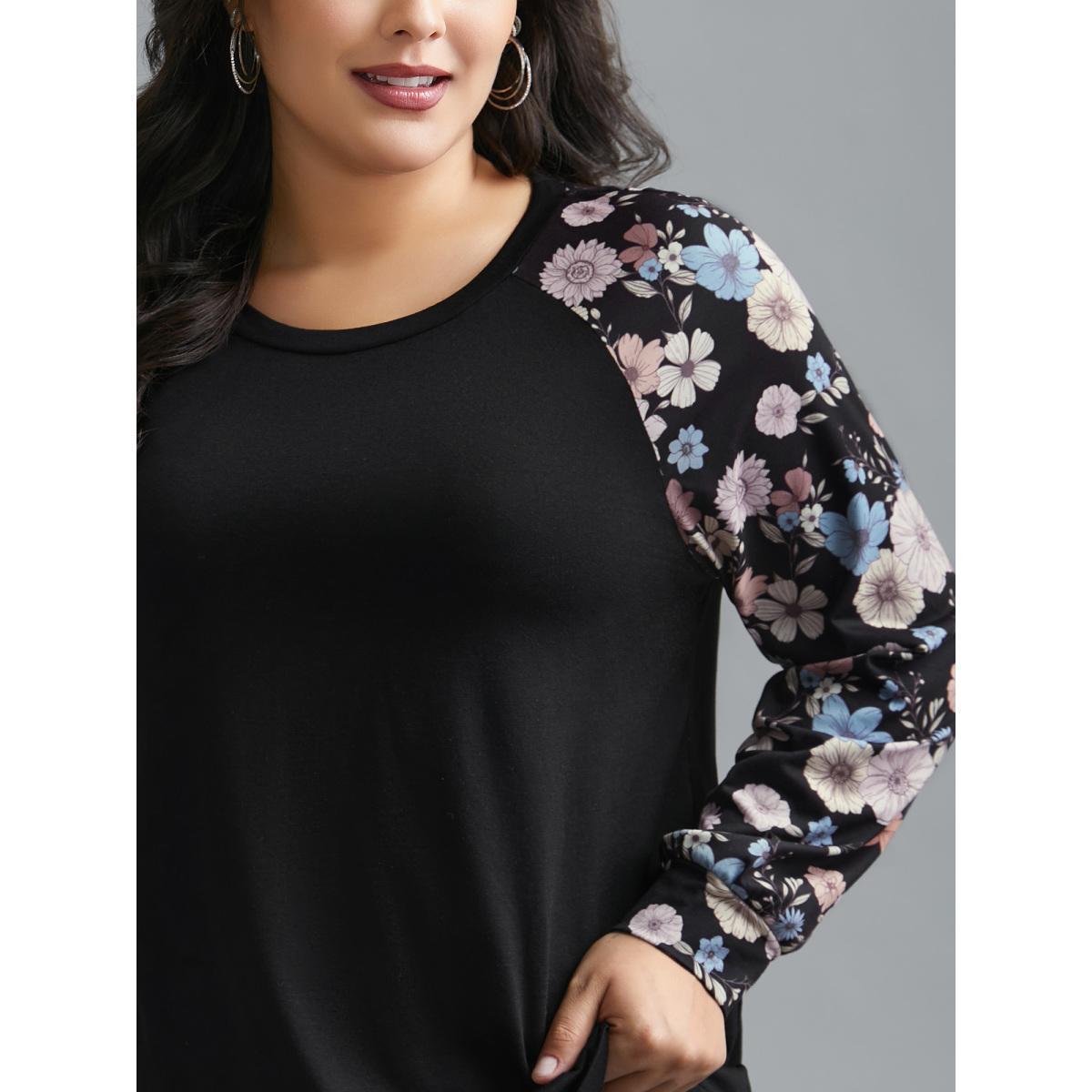 Plus Size Floral Raglan Sleeve Contrast Fabric T-Shirt Black Women Casual Contrast Natural Flowers Round Neck Everyday T-shirts BloomChic 18-20/2X Product Image