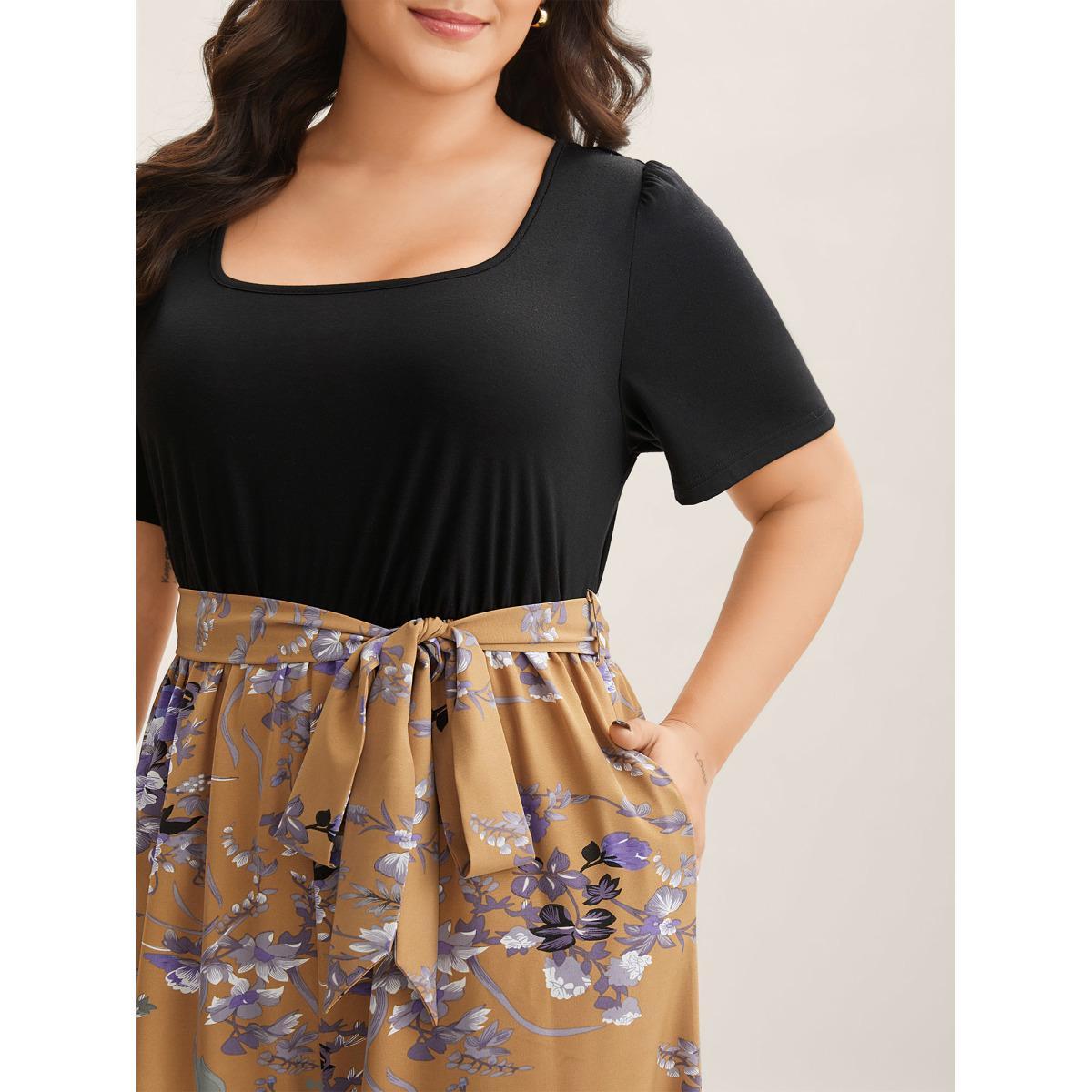 Plus Size Lightorange Color Contrast Belted Panel Pockets Jumpsuit Women Elegant Short sleeve Square Neck Everyday-Elegant Loose Jumpsuits BloomChic 10/M Product Image