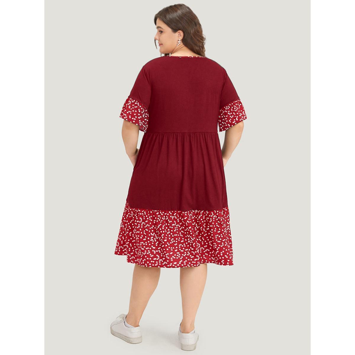 Plus Size Supersoft Essentials Heart Print Patchwork Flutter Trim Dress Crimson Women Casual Gathered V-neck Short sleeve Curvy Midi Dress BloomChic 14-16/1X Product Image