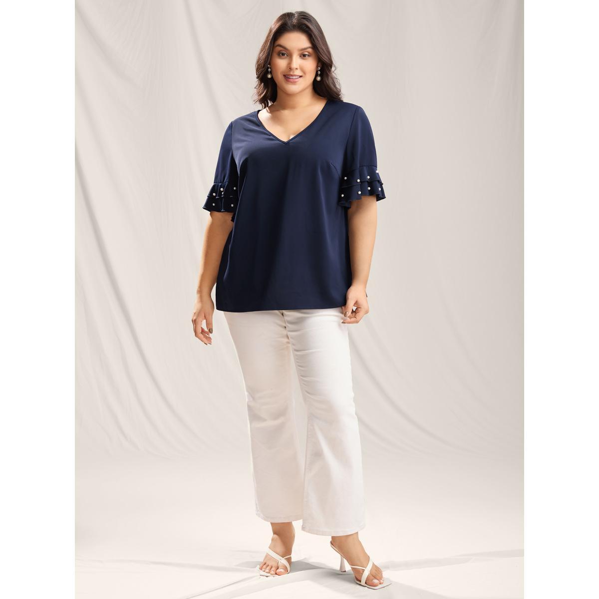 Plus Size Indigo Beaded Layered Sleeve Plain Blouse Women Short sleeve V-neck Everyday-Elegant Blouses BloomChic 28/5X Product Image