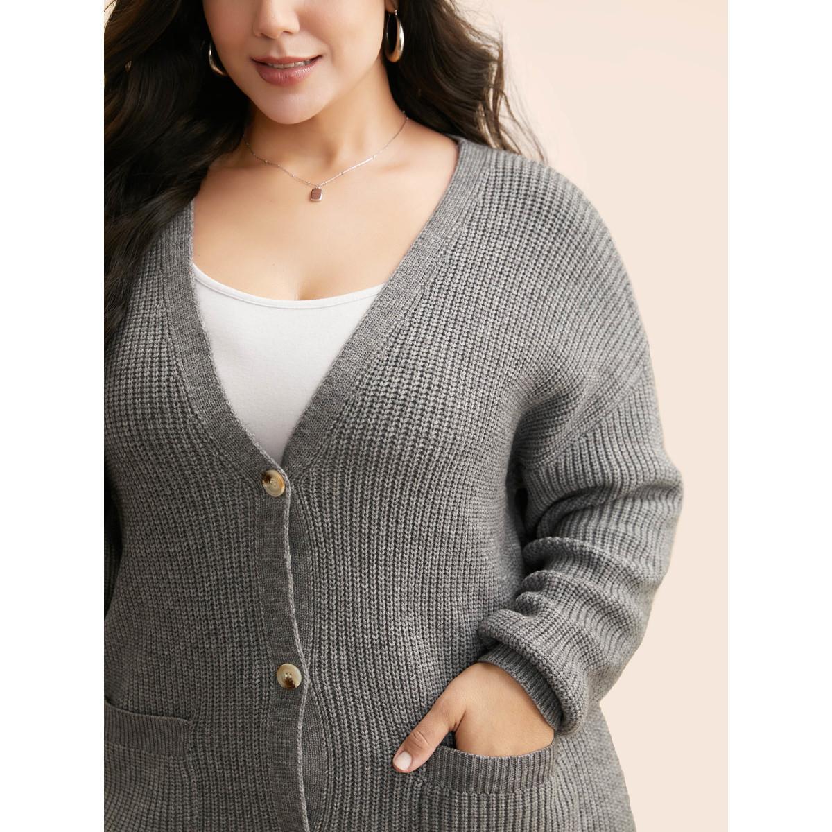 Plus Size Supersoft Ribbed Drop Shoulder Wool Cardigan Mediumgray Women Casual Loose Long Sleeve Everyday Cardigans BloomChic 22-24/3X Product Image