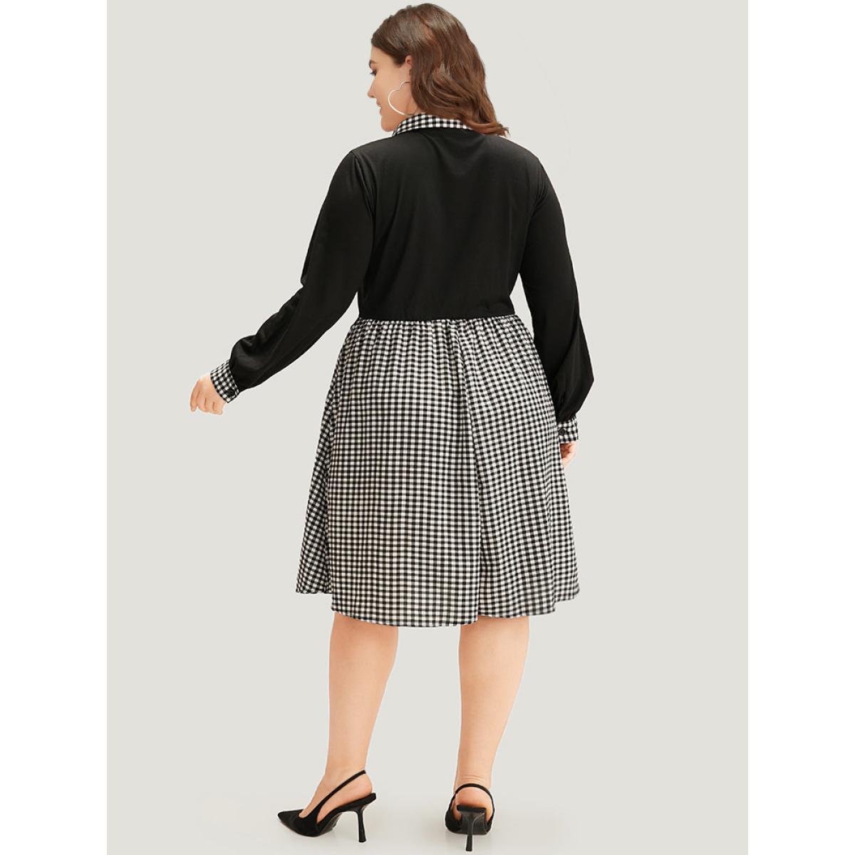Plus Size Gingham Patchwork Pocket Shirt Collar Dress Black Women Office Patchwork Shirt collar Long Sleeve Curvy Midi Dress BloomChic 12/L Product Image
