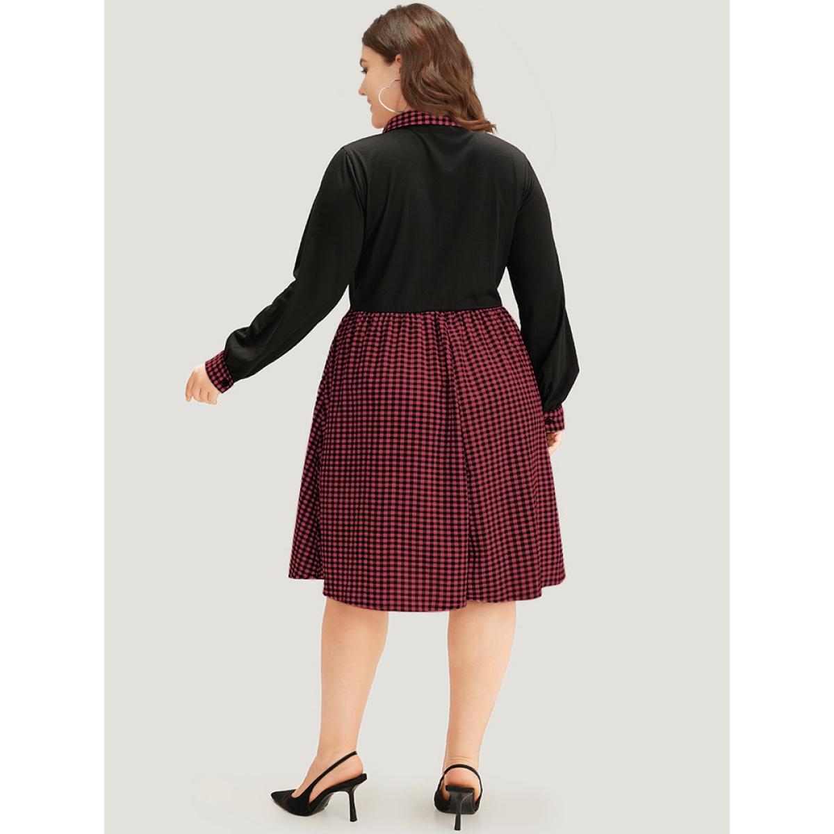 Plus Size Gingham Patchwork Pocket Shirt Collar Dress Red Women Office Patchwork Shirt collar Long Sleeve Curvy Midi Dress BloomChic 28/5X Product Image