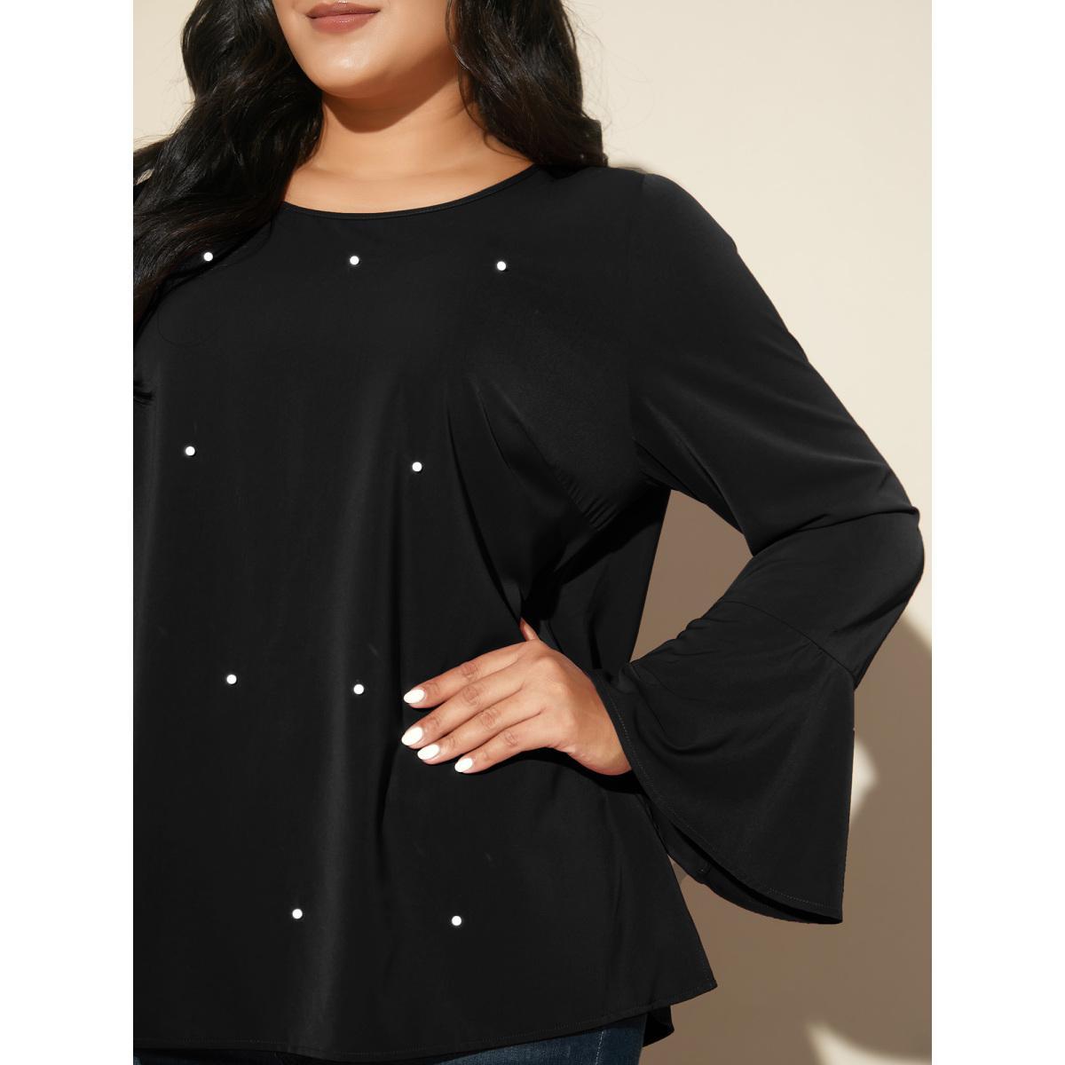 Plus Size Black Beaded Embellished Bell Sleeves Blouse Women Cocktail Long Sleeve Round Neck Party Blouses BloomChic 30/6X Product Image
