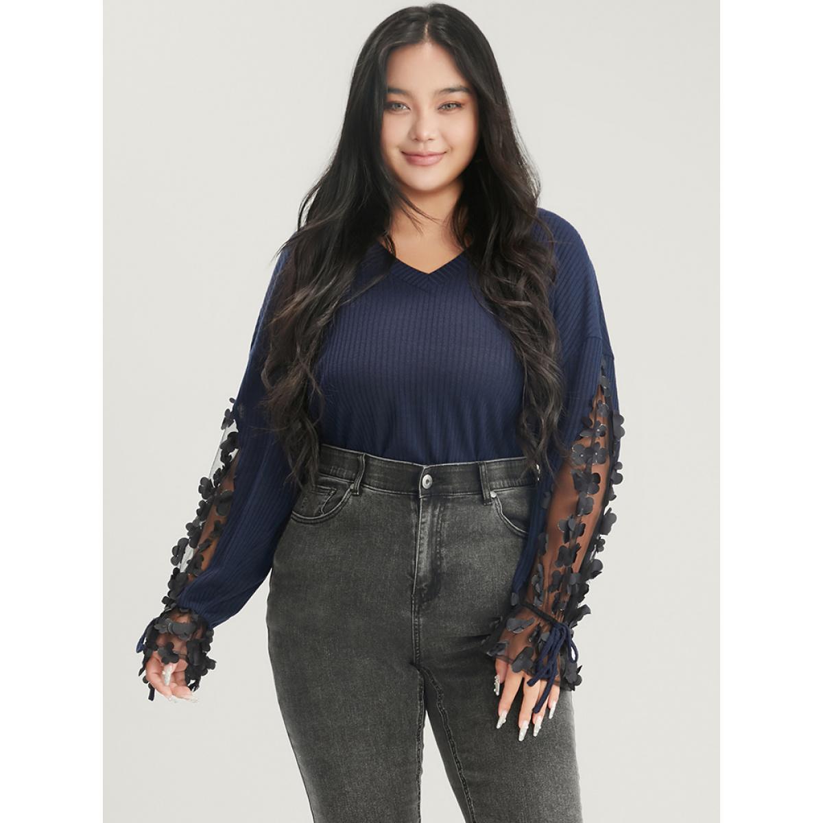 Plus Size Solid Mesh Lantern Sleeve V Neck Rib Knit Sweatshirt Women Indigo Elegant Patchwork V-neck Dailywear Sweatshirts BloomChic 26/4X Product Image