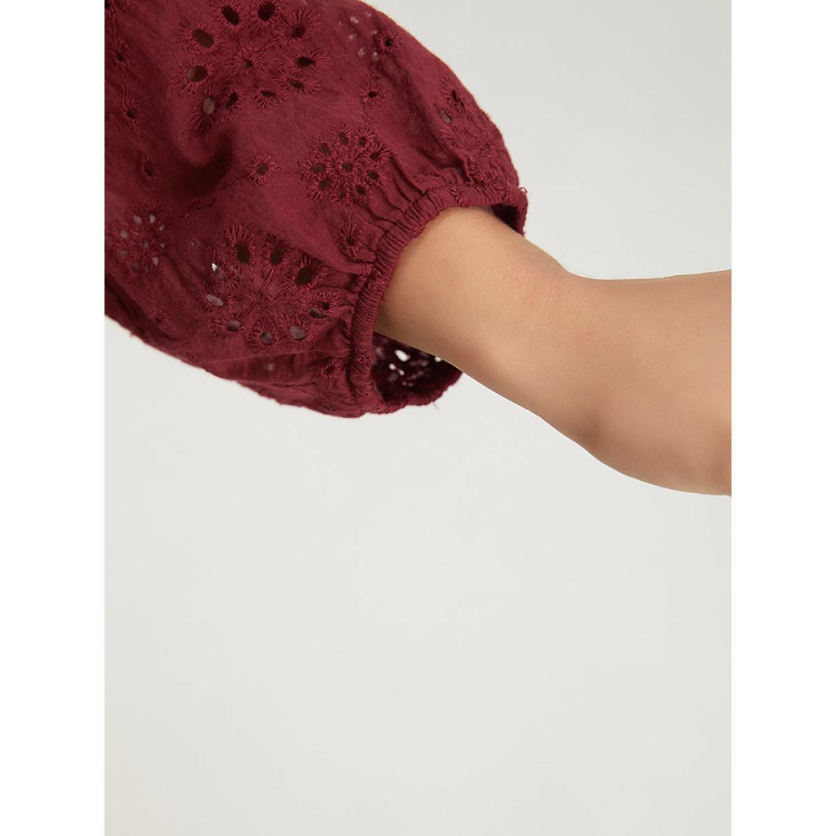 Plus Size Plain Geometric Eyelet Notched Lantern Sleeve Dress Burgundy Women Vacation Elastic cuffs Notched collar Long Sleeve Curvy Midi Dress BloomChic 12/L Product Image