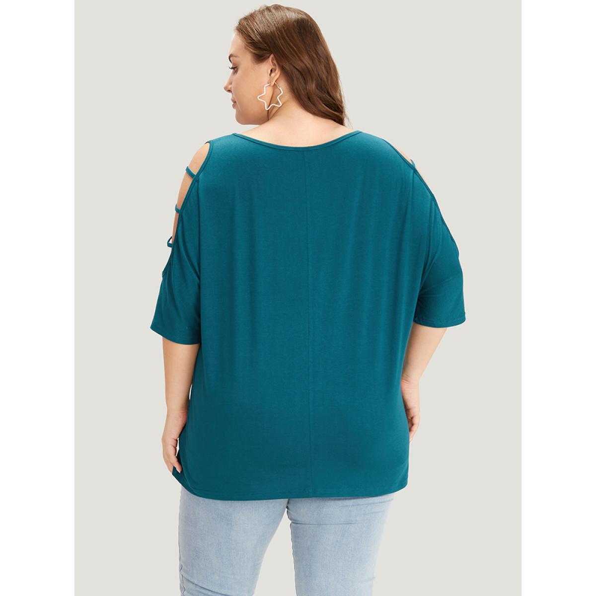 Plus Size Solid Cut Out Round Neck Dolman Sleeve T-shirt Aegean Women Elegant Plain Round Neck Dailywear T-shirts BloomChic 10/M Product Image