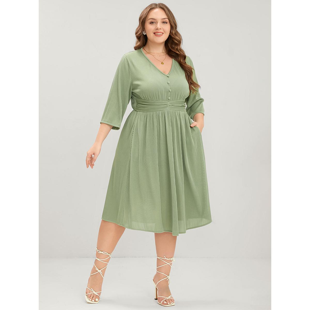 Plus Size Plain Button Detail Pocket Ruched Rib Knit Flutter Dress Moss Women Elegant Plain V-neck Long Sleeve Curvy Midi Dress BloomChic 14-16/1X Product Image