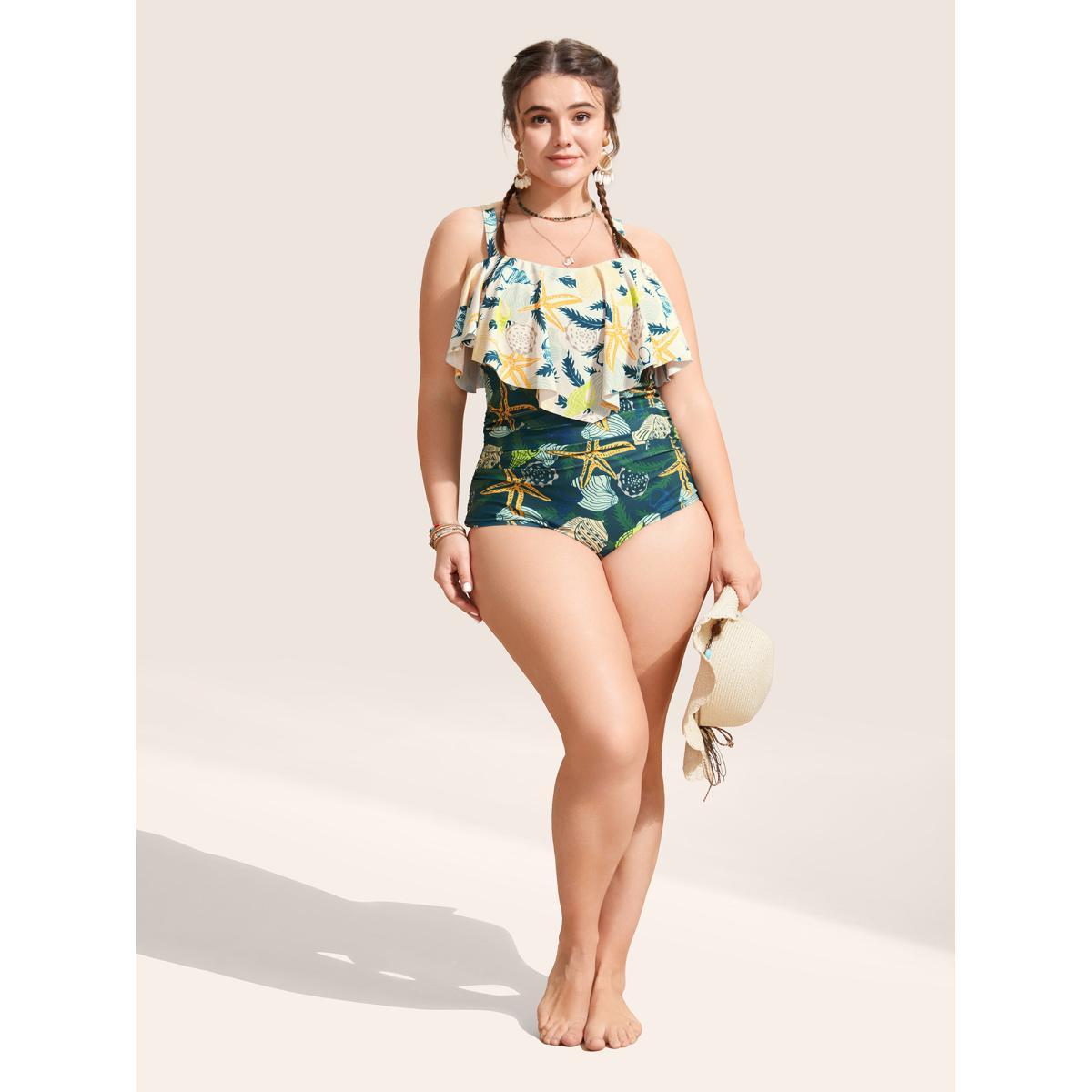 Plus Size Marine Elements Tiered Ruffles One Piece Swimsuit Women's Swimwear Beige Beach Gathered Curve Bathing Suits High stretch One Pieces BloomChic 30/6X Product Image