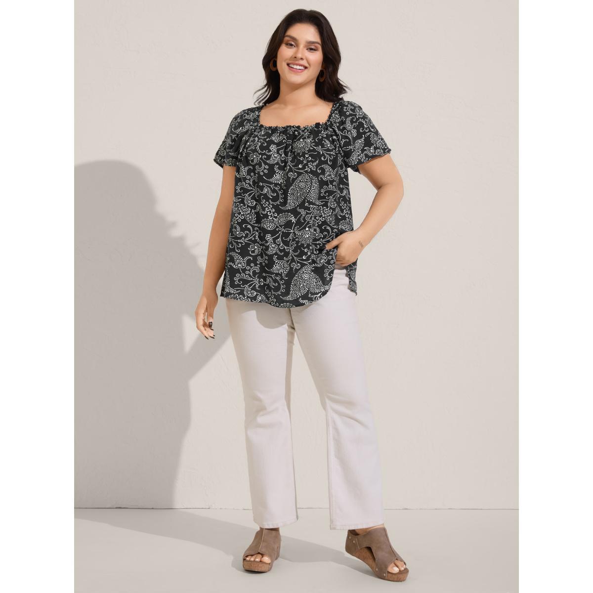 Plus Size Black Floral Print Shirred Neck Flowy Blouse Women Short sleeve Square Neck Vacation Blouses BloomChic 22-24/3X Product Image