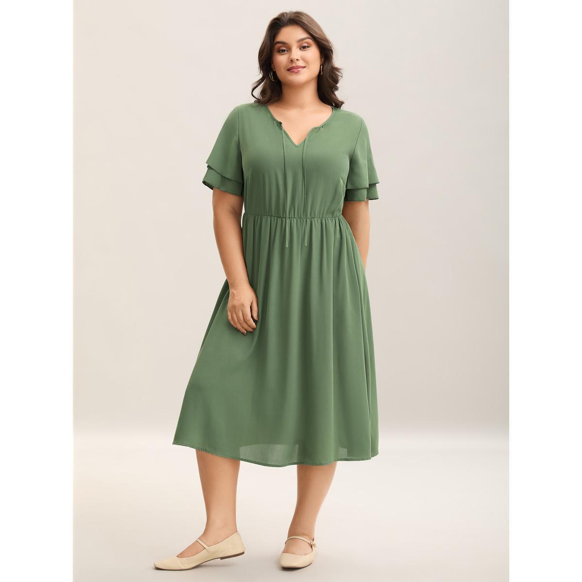 Plus Size Split Neck Tie Layered Sleeve Midi Dress ArmyGreen Women Casual Tie knot V-neck Short sleeve Curvy BloomChic 28/5X Product Image