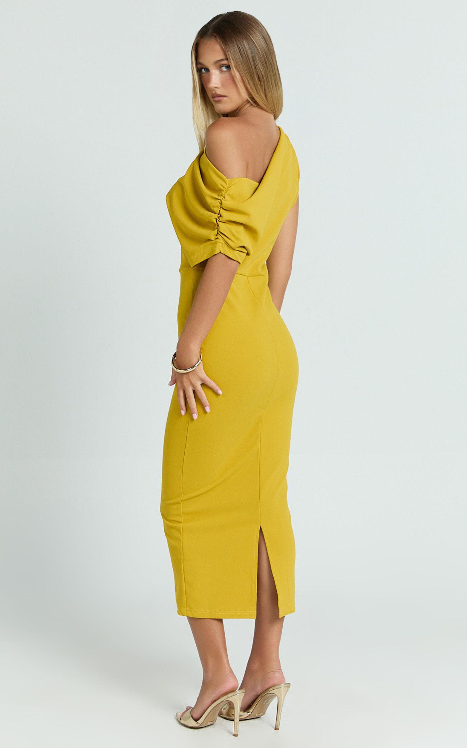 Nalfie Midi Dress - Tipped Shoulder Jersey Drape Dress in Mustard Product Image