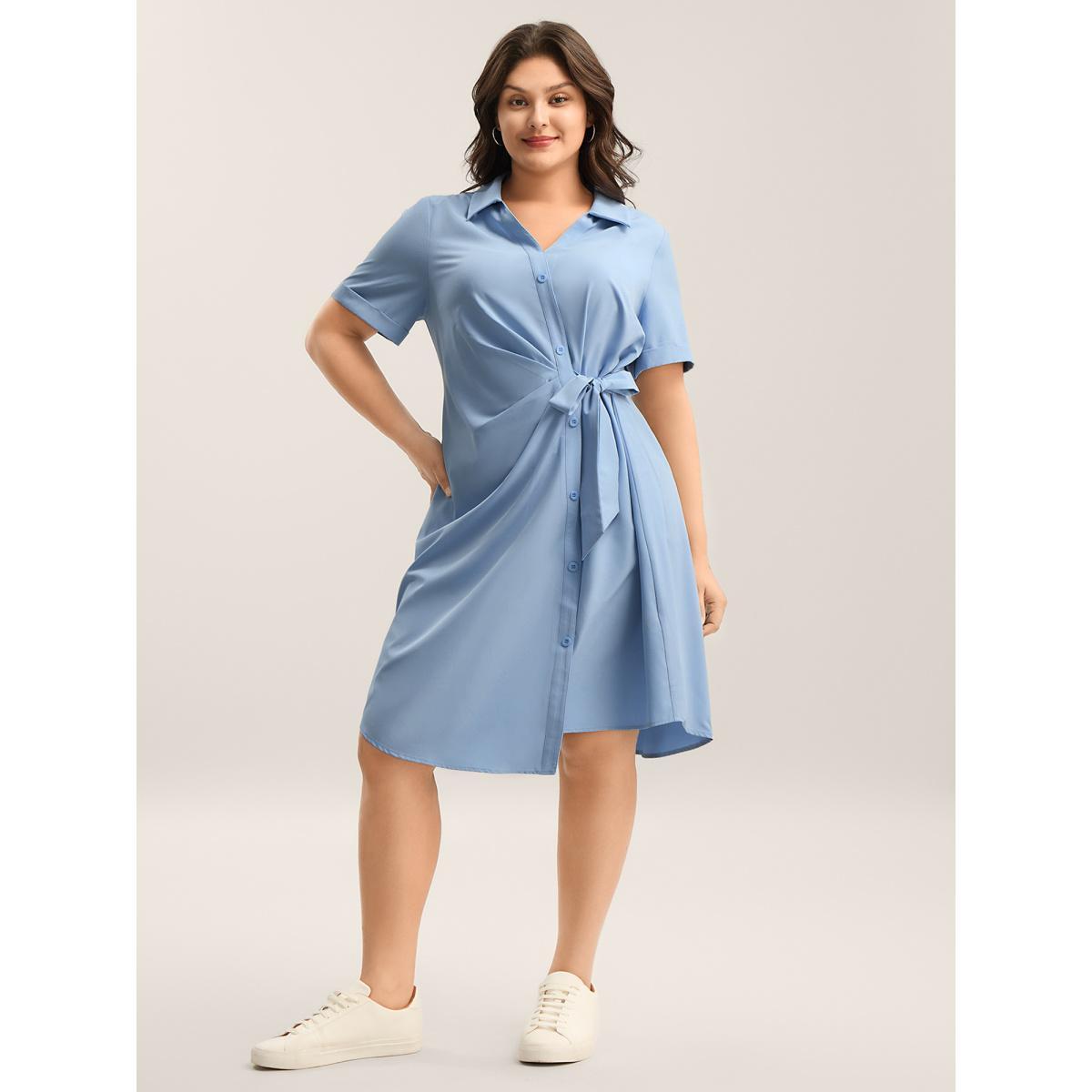 Plus Size Woven Knotted Solid Shirt Dress Stone Women Shirt collar Short sleeve Curvy BloomChic 14-16/1X Product Image