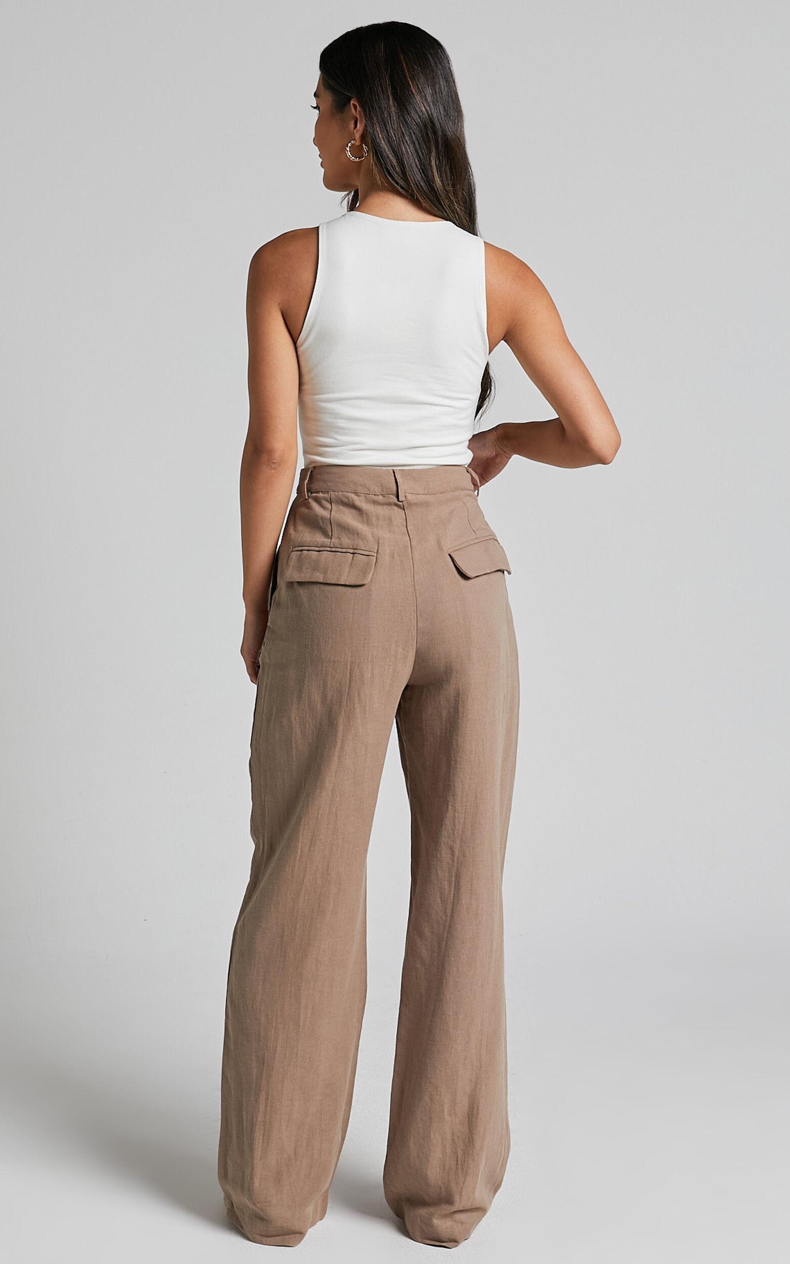 Larissa Trousers - Linen Mid Waisted Relaxed Straight Leg Trousers in Mushroom Product Image