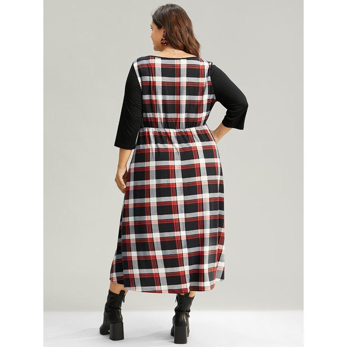 Plus Size Christmas Plaid Patchwork Pleated Square Neck Dress Red Women Office Printed Square Neck Elbow-length sleeve Curvy Midi Dress BloomChic 30/6X Product Image