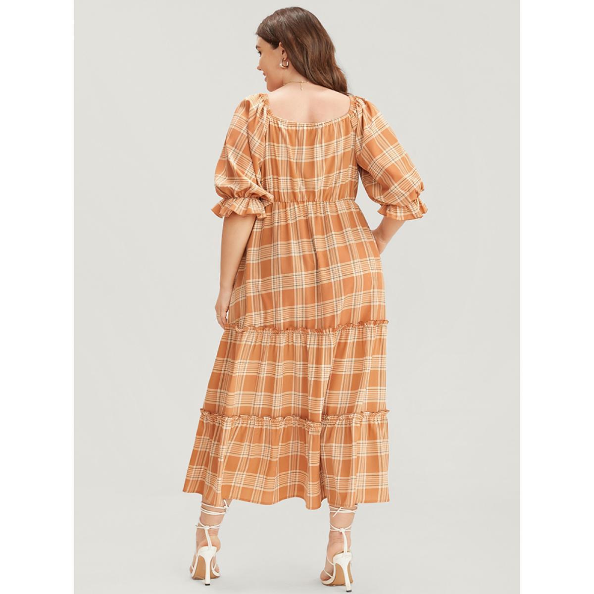 Plus Size Plaid Square Neck Lantern Sleeve Pocket Flutter Dress LightBrown Women Elegant Tiered Square Neck Half Sleeve Curvy Midi Dress BloomChic 14-16/1X Product Image