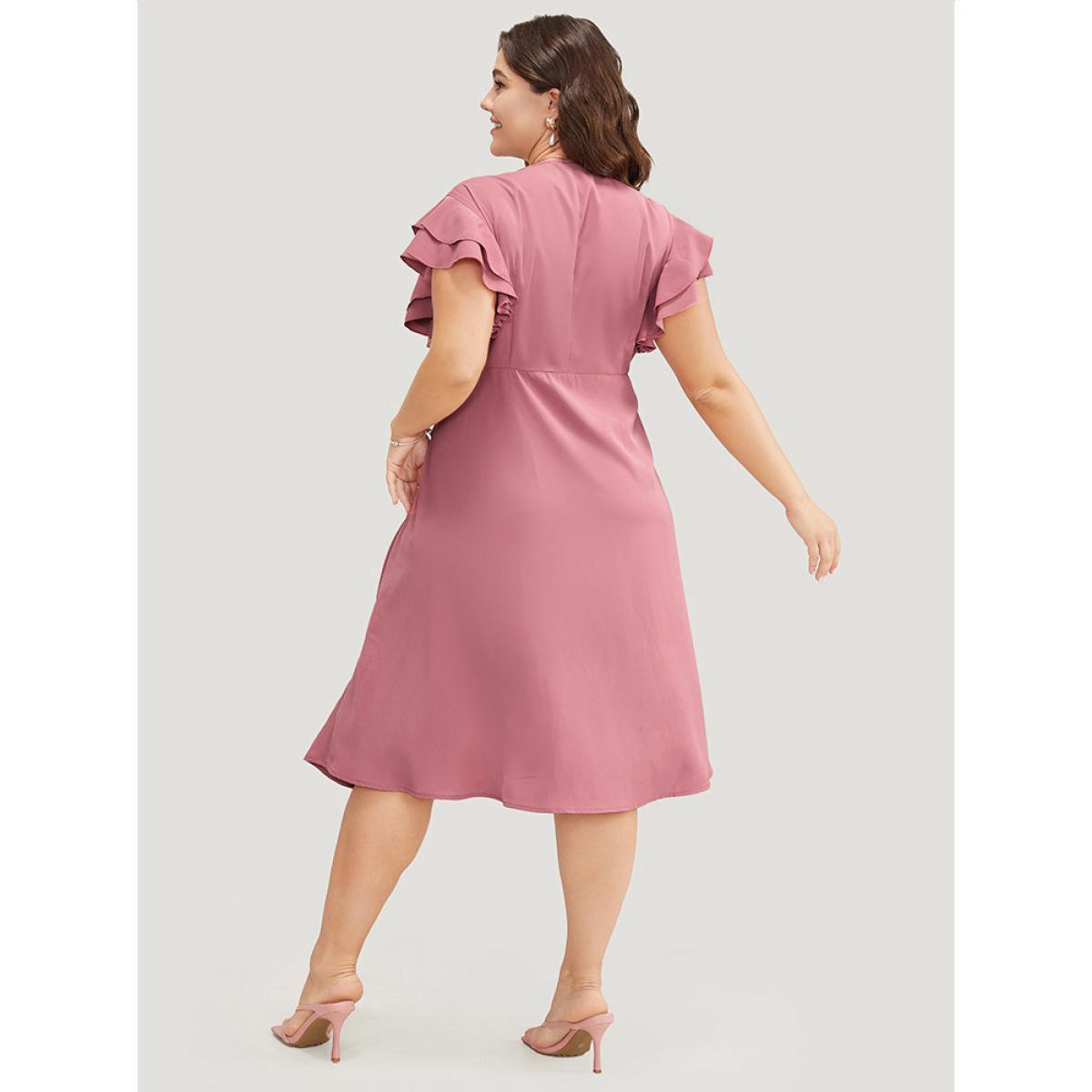 Plus Size Plain Ruffle Sleeve Pocket Tiered Button Up Dress Rouge Women Elegant Button V-neck Short sleeve Curvy Midi Dress BloomChic 12/L Product Image
