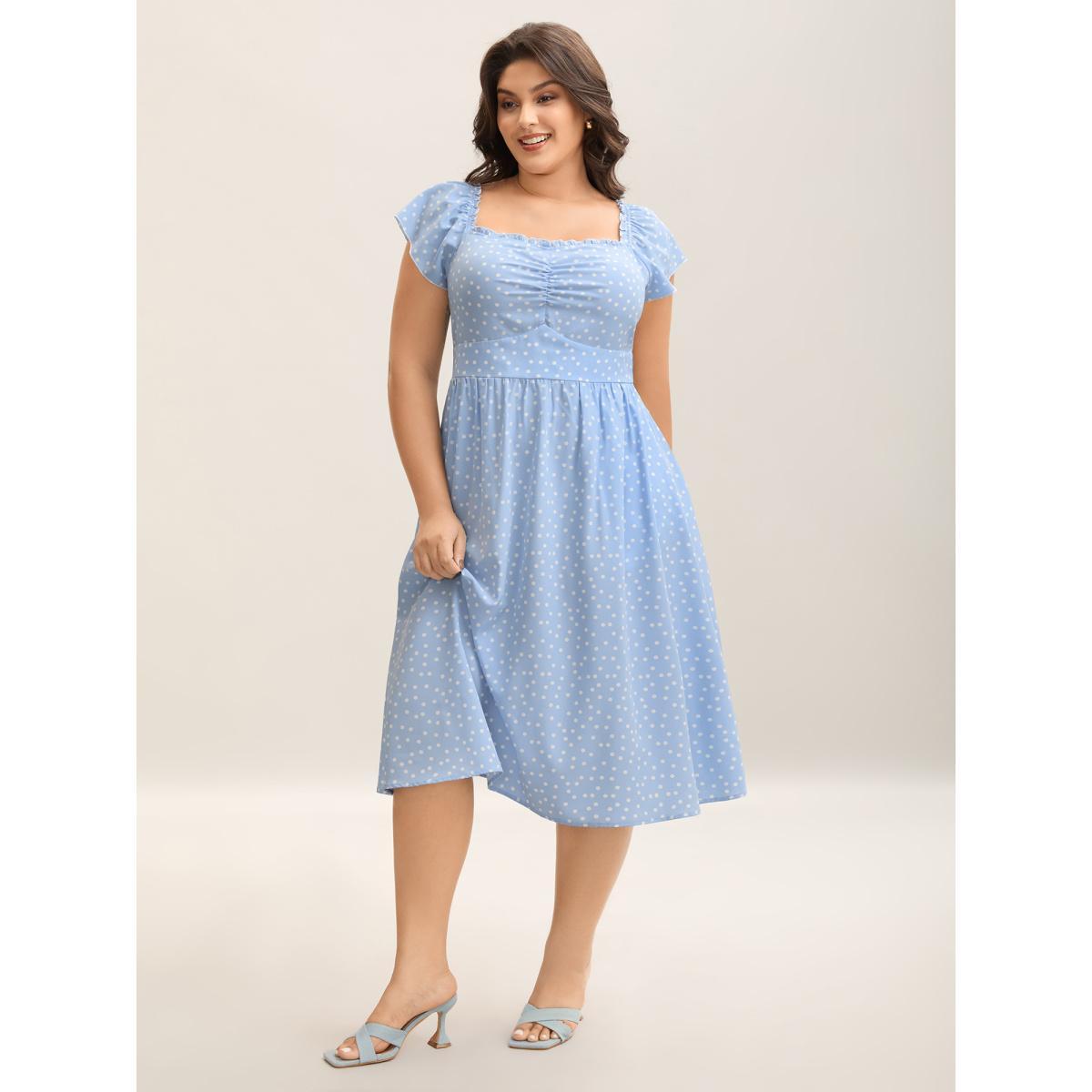 Plus Size Ruffle Trim Polka Dots Pockets Midi Dress LightBlue Women Non Short sleeve Curvy BloomChic 12/L Product Image