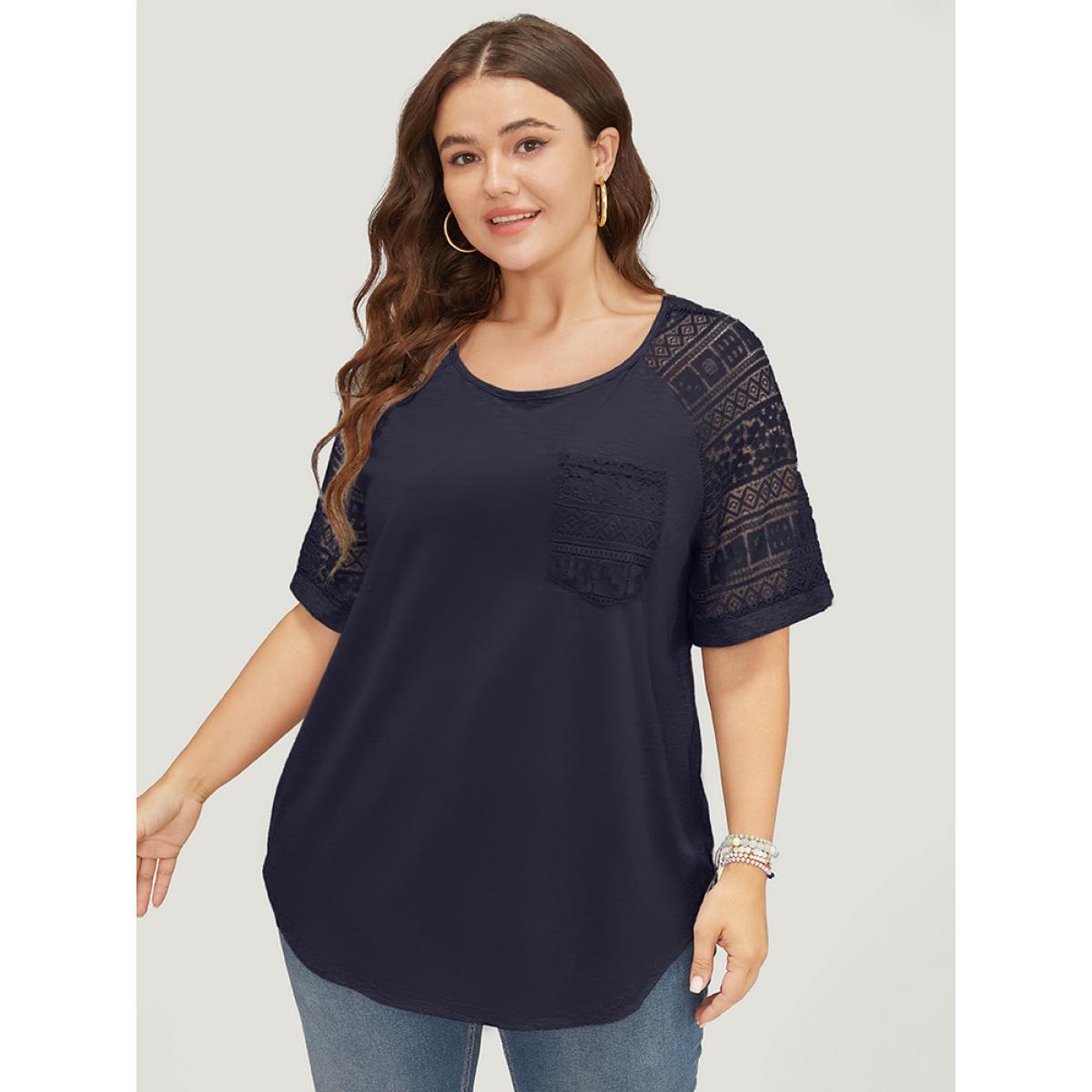 Plus Size Solid Pocket Contrast Lace Raglan Sleeve Arc Hem T-shirt Indigo Women Elegant Arc Hem Plain Round Neck Dailywear T-shirts BloomChic 26/4X Product Image