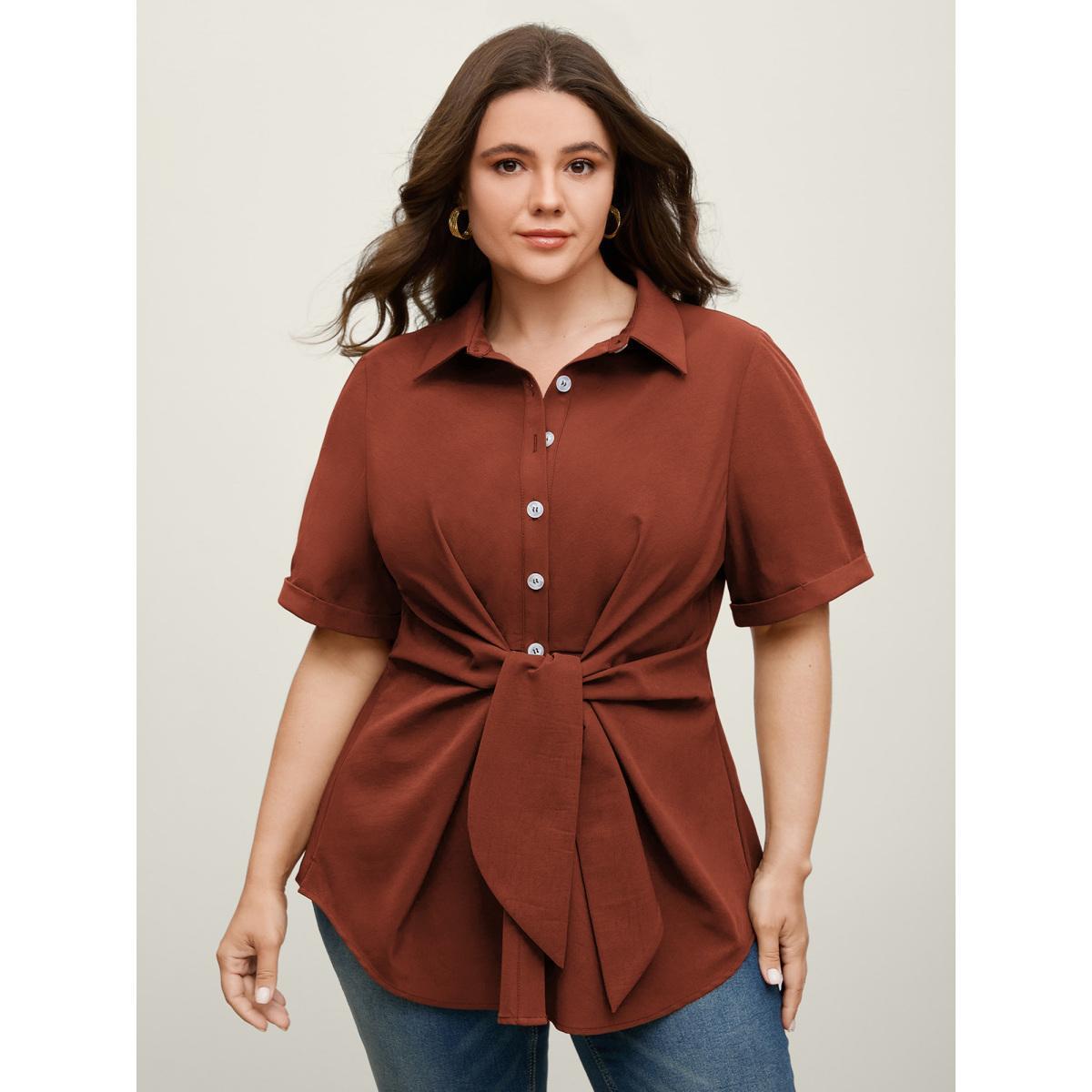 Plus Size ArmyGreen Knotted Front Asymmetrical Hem Blouse Women Short sleeve Shirt collar Work Blouses BloomChic 26/4X Product Image