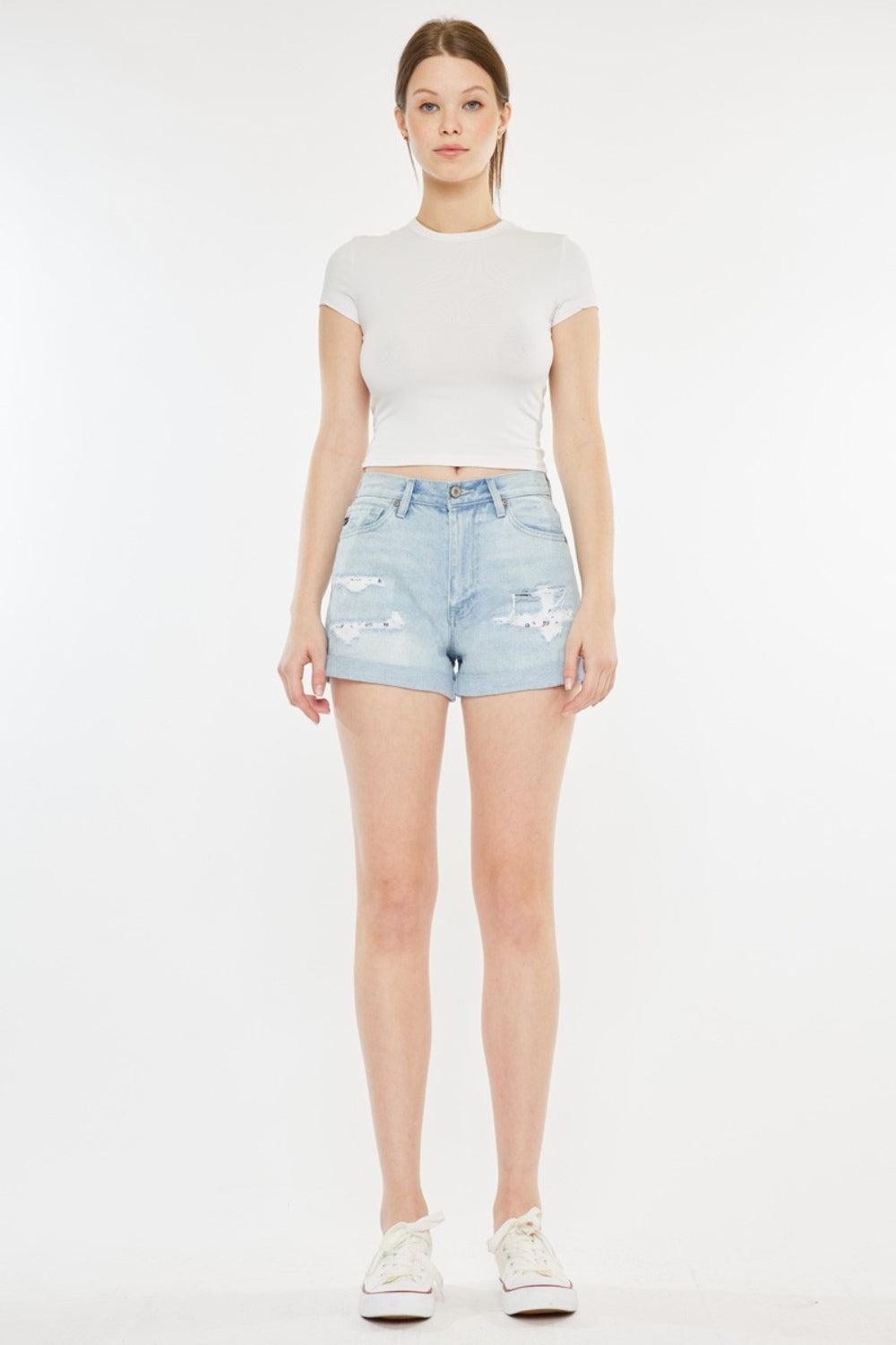 Kancan Light Wash High Rise Repaired Mom Denim Shorts Product Image