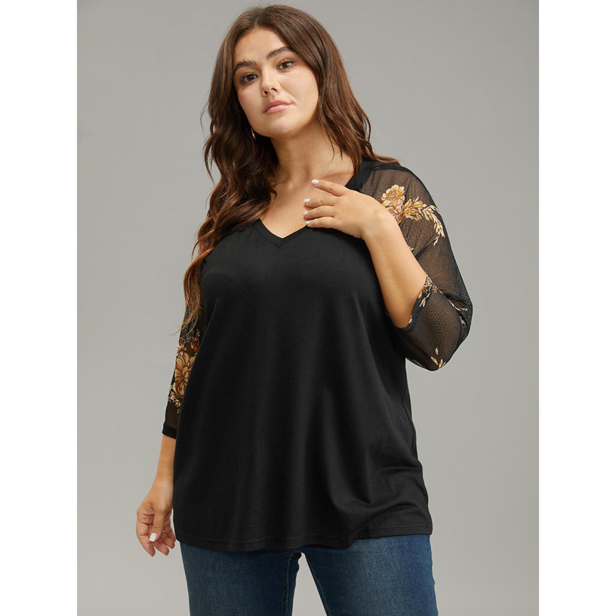 Plus Size Floral Print Patchwork Mesh T-shirt Black Women Casual See through Floral V-neck Dailywear T-shirts BloomChic 12/L Product Image