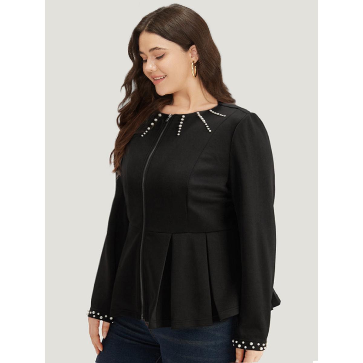 Plus Size Pearl Beaded Zipper Plicated Detail Coat Women Black Work From Home Plain Ladies Work Winter Coats BloomChic 28/5X Product Image