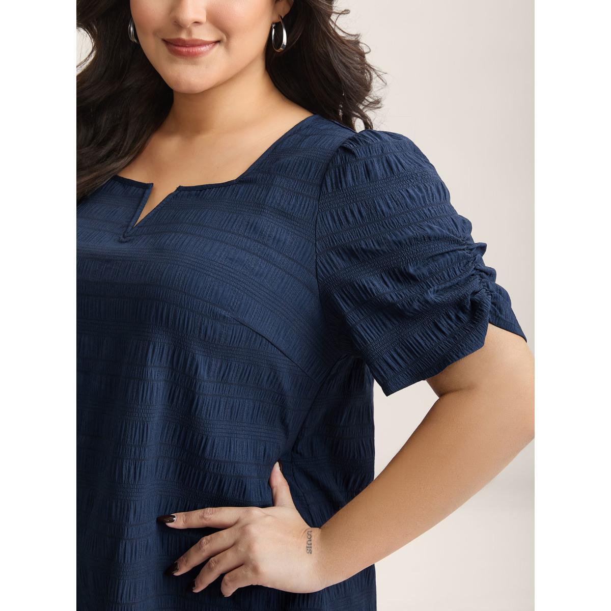Plus Size DarkGreen Textured Gathered Sleeve Split Neck Blouse Women Short sleeve Asymmetrical Neck Work Blouses BloomChic 14-16/1X Product Image