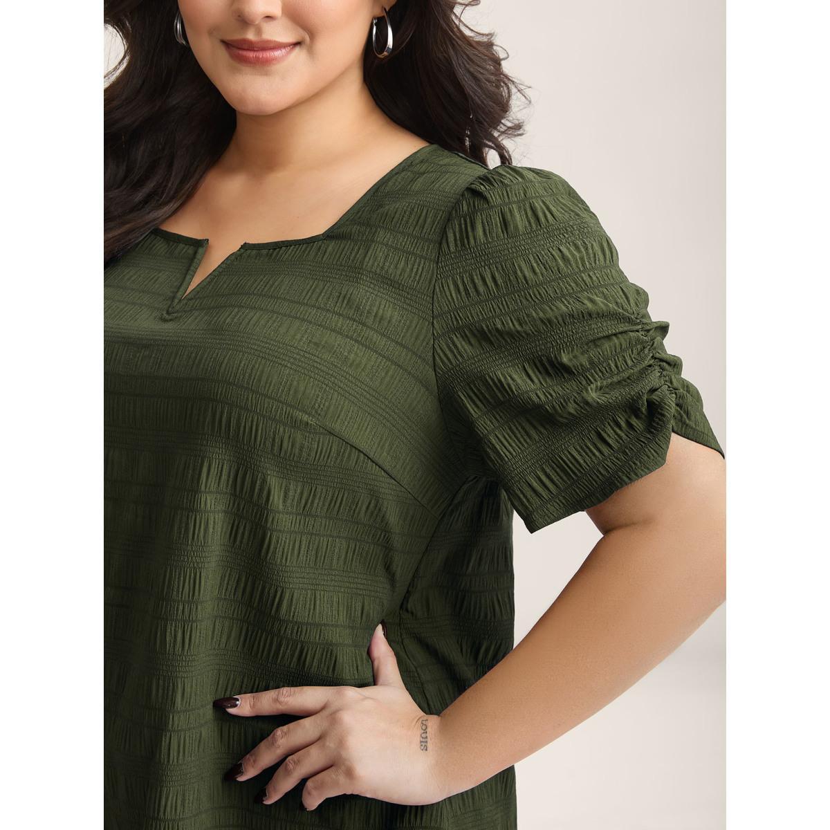 Plus Size ArmyGreen Textured Gathered Sleeve Split Neck Blouse Women Short sleeve Asymmetrical Neck Work Blouses BloomChic 18-20/2X Product Image