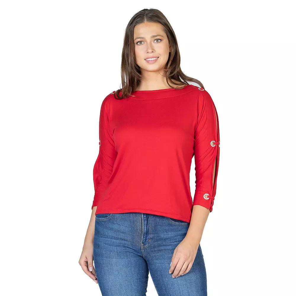 Women's 24Seven Comfort Apparel Three-Quarter Sleeve Boatneck Cold Shoulder Top, Size: XL, Black Product Image