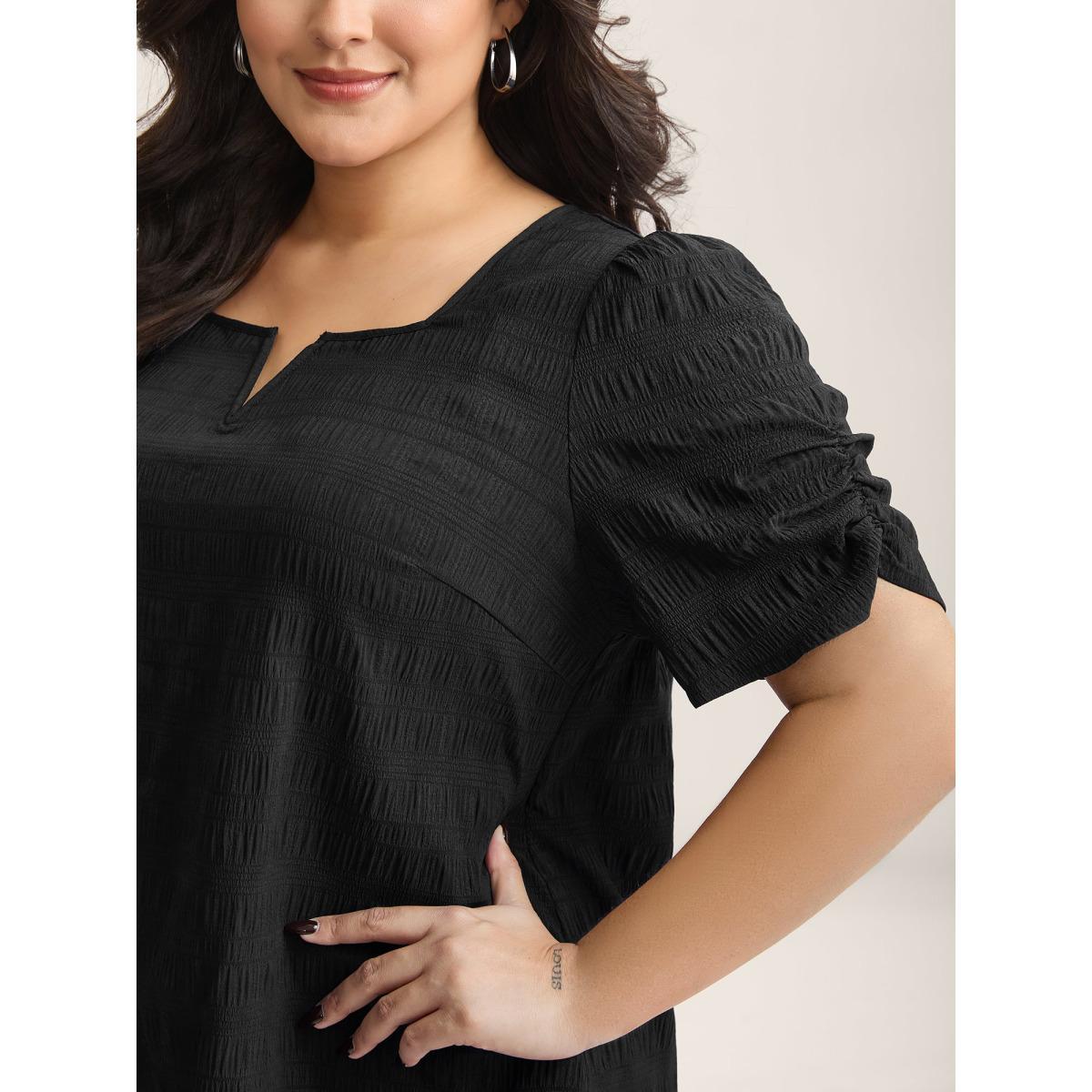 Plus Size DarkGreen Textured Gathered Sleeve Split Neck Blouse Women Short sleeve Asymmetrical Neck Work Blouses BloomChic 14-16/1X Product Image