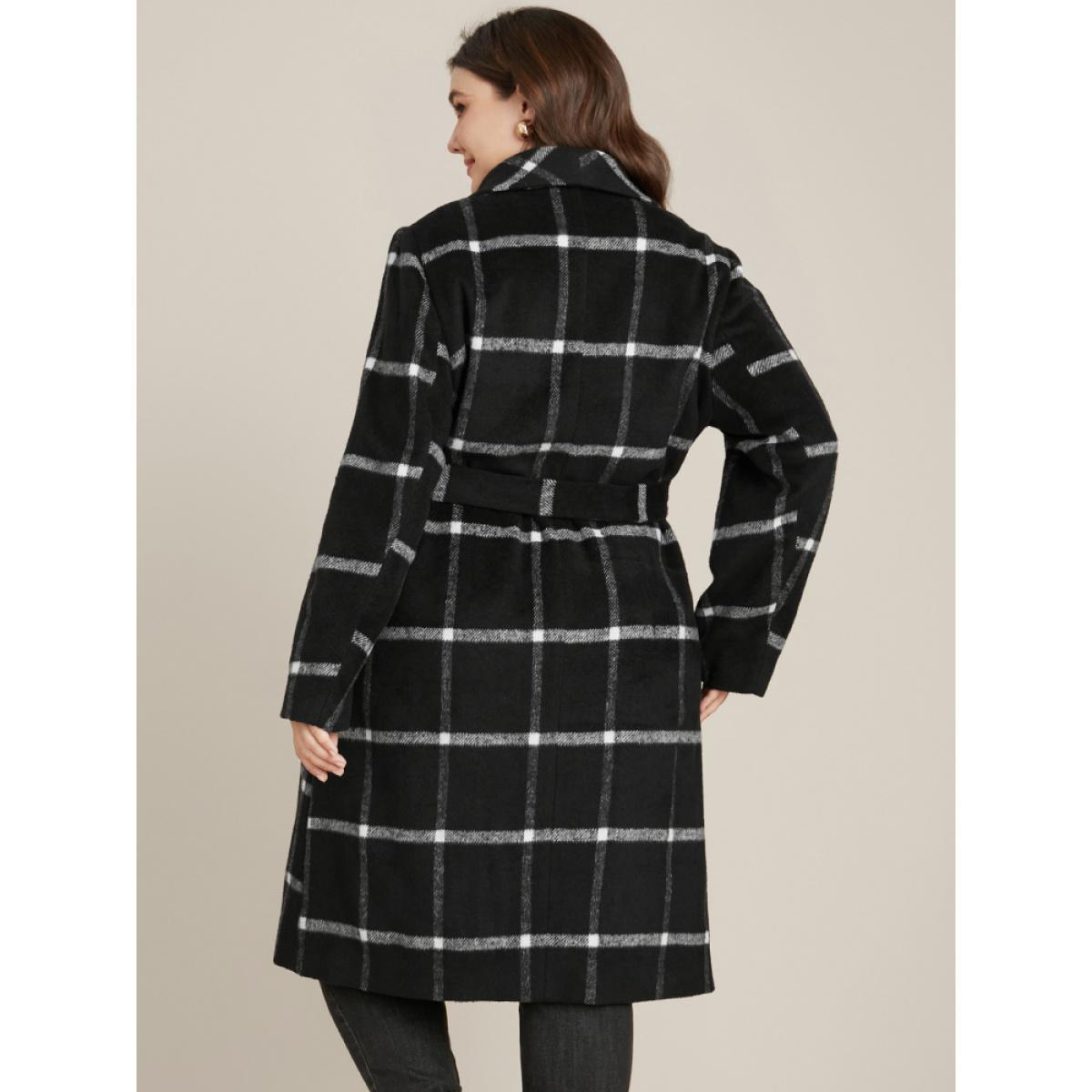 Plus Size Plaid Lapel Collar Belted Pocket Coat Women Black Elegant Belted Ladies Dailywear Winter Coats BloomChic 30/6X Product Image