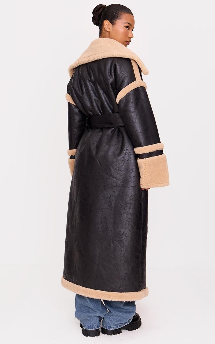 Black Faux Leather Vintage Look Borg Coat Product Image