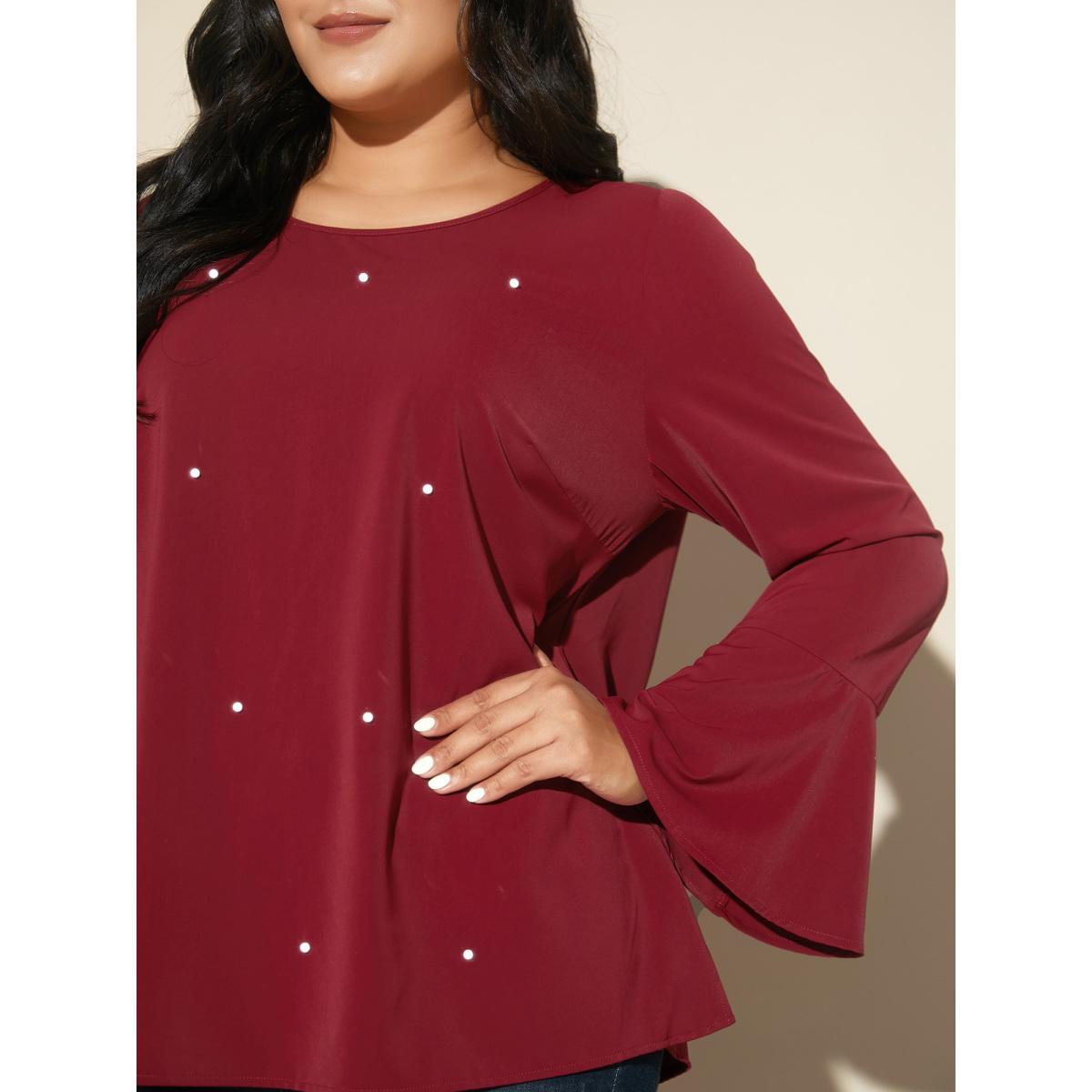 Plus Size Scarlet Beaded Embellished Bell Sleeves Blouse Women Cocktail Long Sleeve Round Neck Party Blouses BloomChic 18-20/2X Product Image