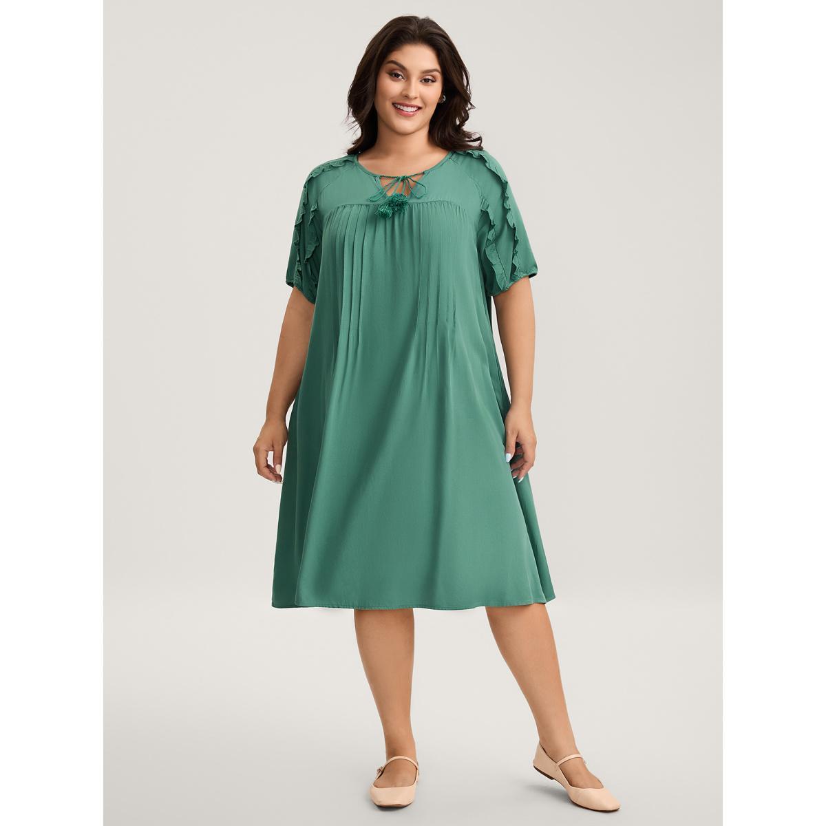 Plus Size Rayon Neck-Tie Pleated Midi Dress Teal Women Notched collar Short sleeve Curvy BloomChic 28/5X Product Image