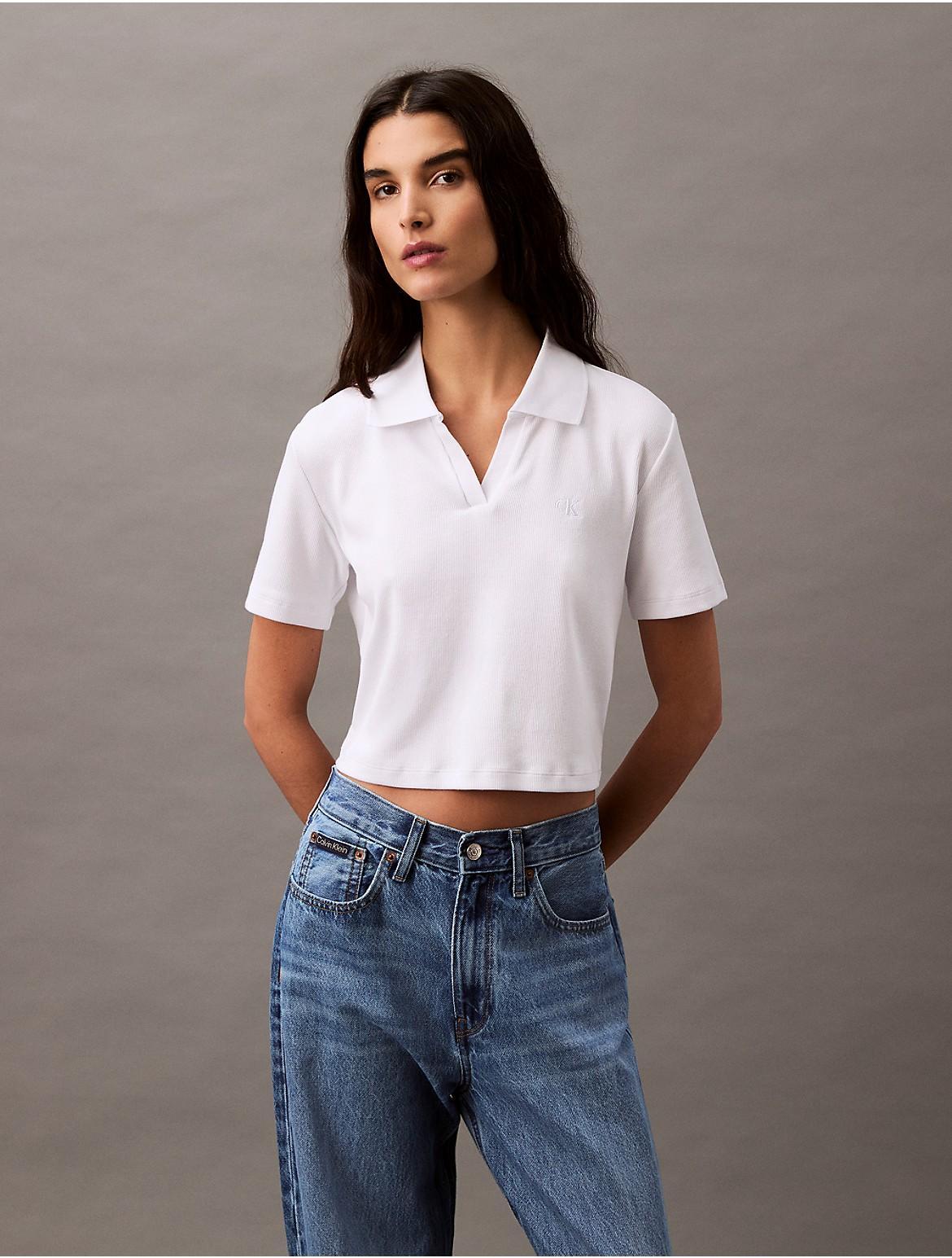 Calvin Klein Women's Cotton Contour Rib Polo Tee - White - L Product Image