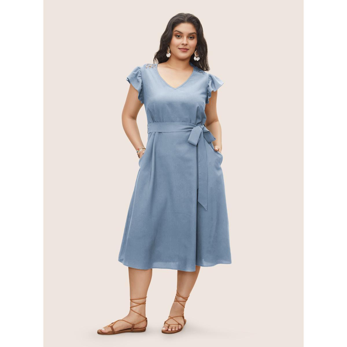 Plus Size Solid Cut Out Ruffle Cap Sleeve Dress Stone Women Resort Woven ribbon&lace trim V-neck Cap Sleeve Curvy Midi Dress BloomChic 10/M Product Image