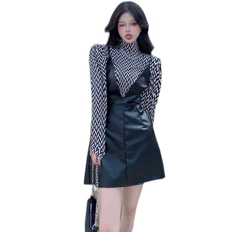 Long-Sleeve Turtleneck Pattern Top / Spaghetti Strap V-Neck Faux Leather Mini Dress Product Image