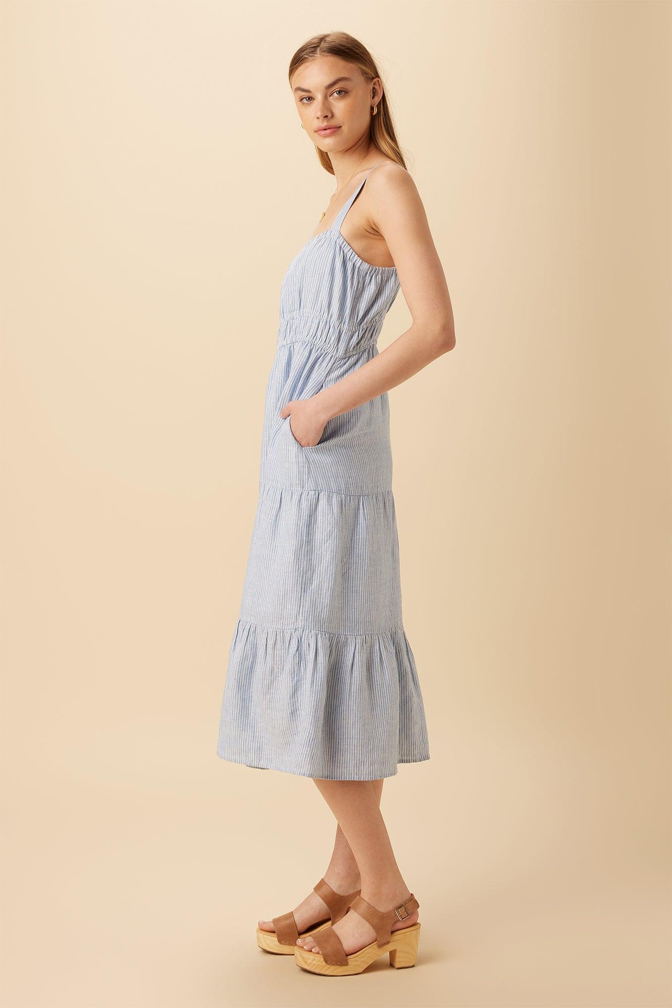 Elio Linen Midi Dress - Blue Natural Stripe - ReAmour Product Image