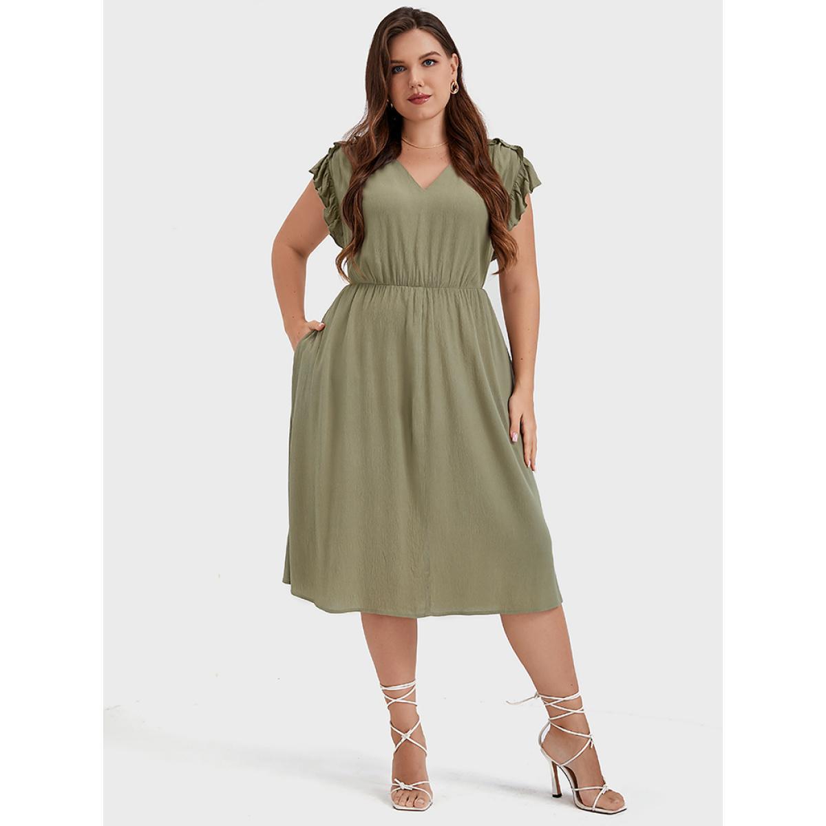Plus Size Plain V Neck Ruffles Trim Pocket Knee Dress ArmyGreen Women Elegant Plain V-neck Cap Sleeve Curvy Midi Dress BloomChic 12/L Product Image