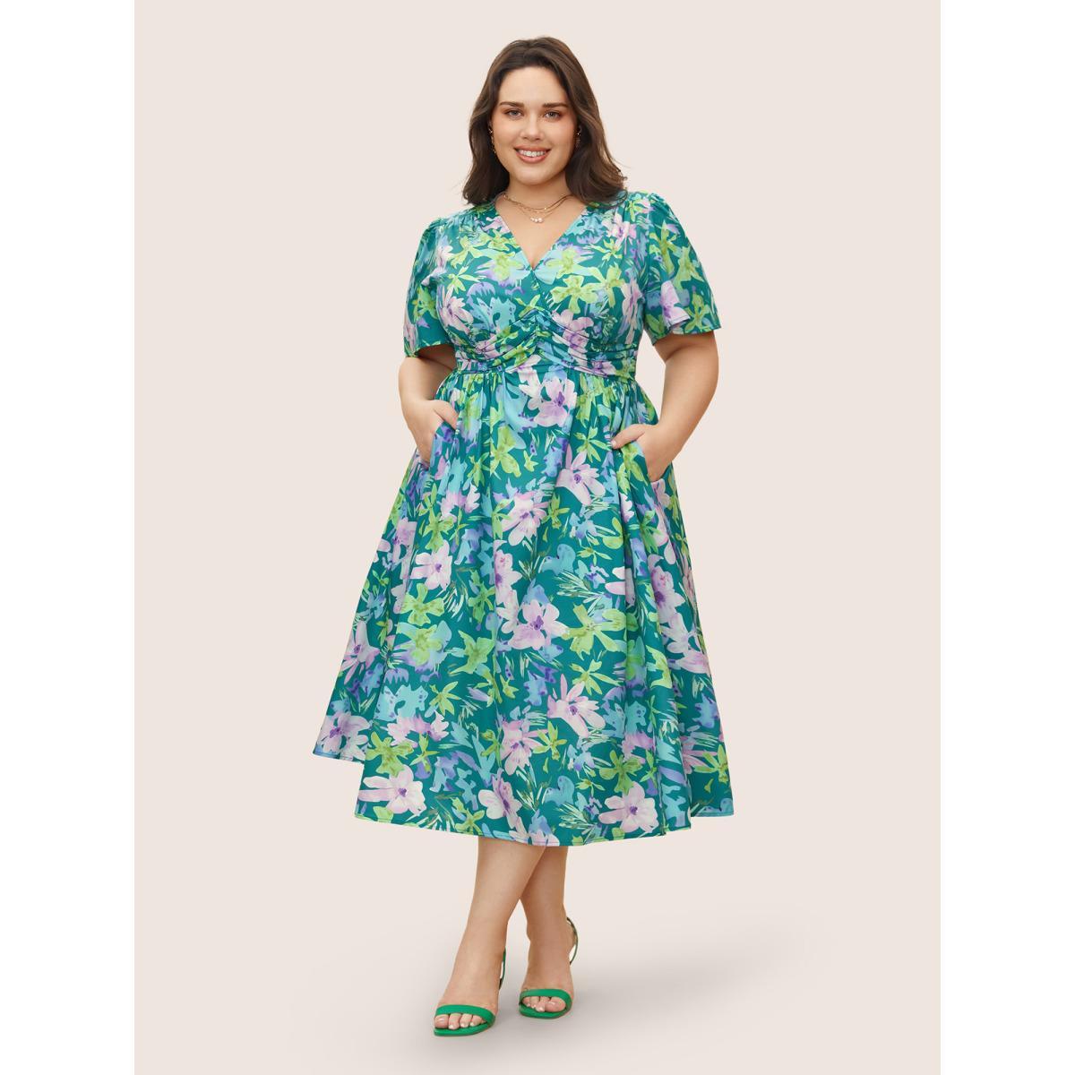 Plus Size Floral Print Pleated Ruffle Sleeve Dress Multicolor Women Elegant Pleated V-neck Short sleeve Curvy BloomChic 10/M Product Image