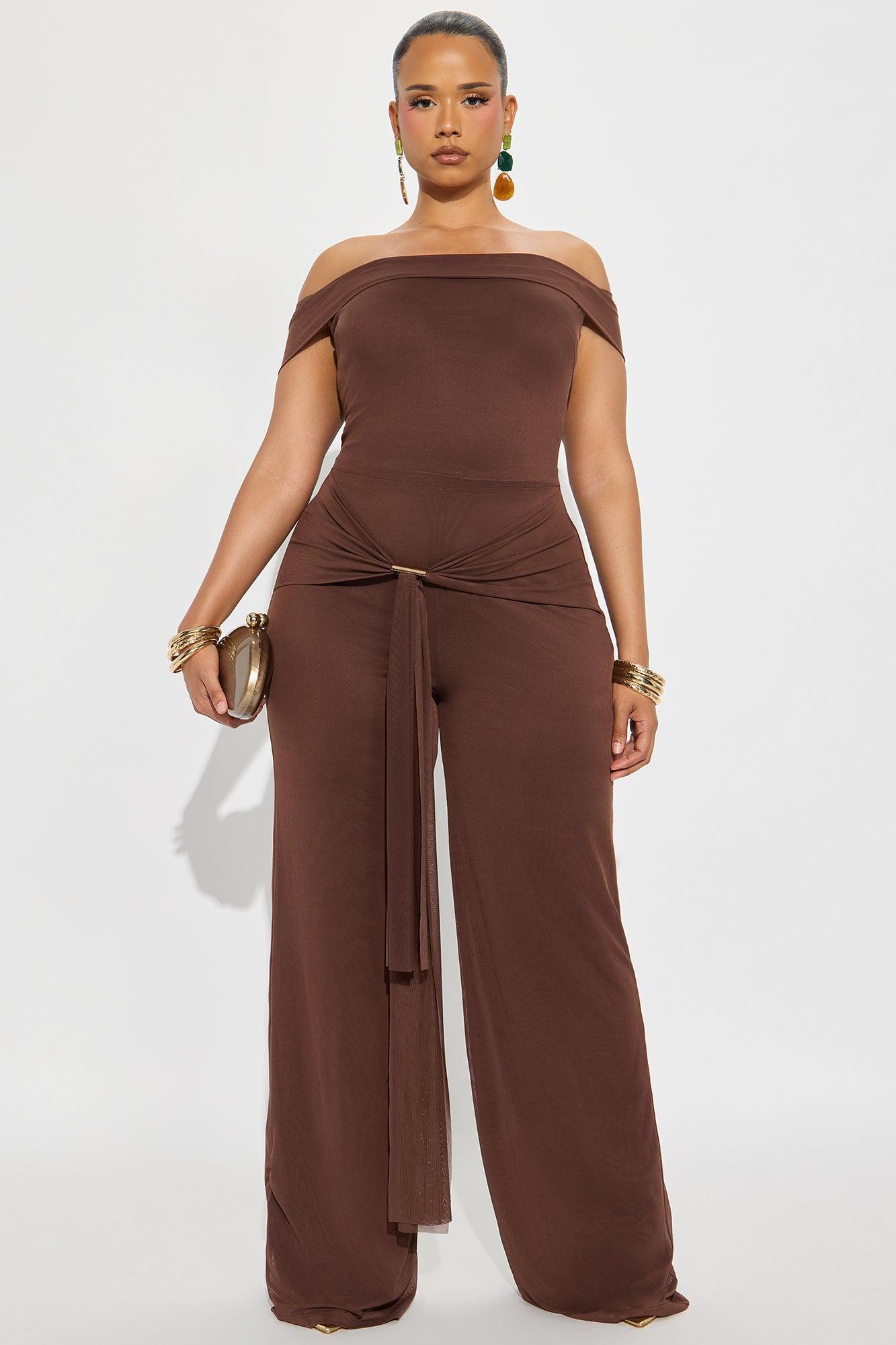 Elena Off Shoulder Wide Leg Jumpsuit - Chocolate Product Image