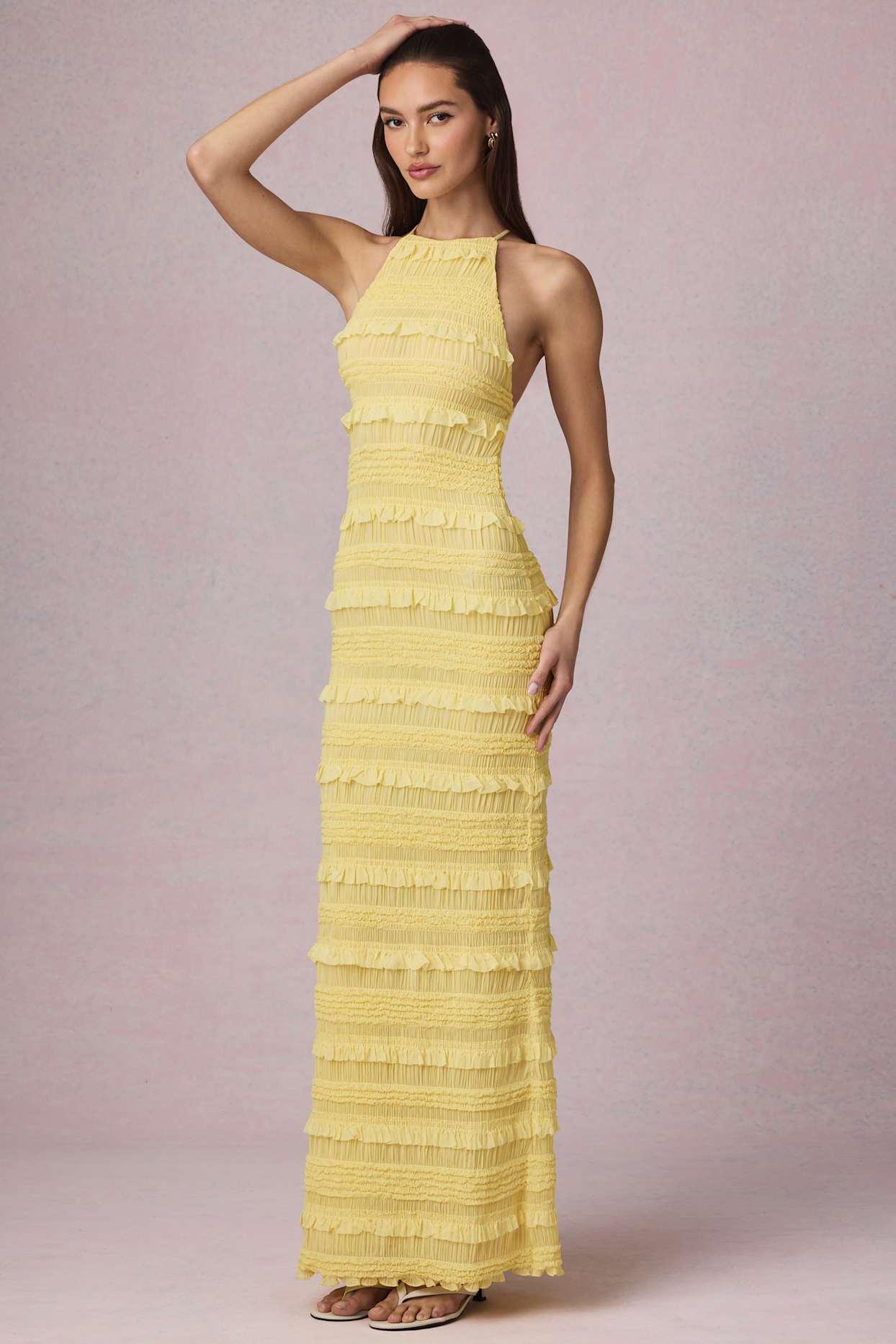 Ruffled Backless Halterneck Maxi Dress in Lemon Yellow Product Image
