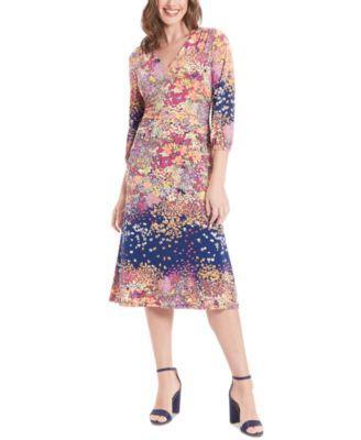 Womens London Times Floral Print V-Neck Bishop Sleeve Midi Dress Navy Pink Product Image