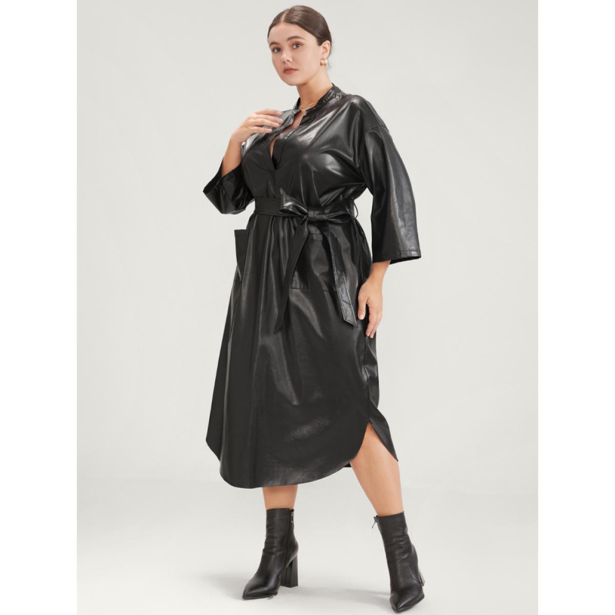 Plus Size PU Leather Pocket Belted Arc Hem Dress Black Women Party Belted V-neck Elbow-length sleeve Curvy Midi Dress BloomChic 22-24/3X Product Image