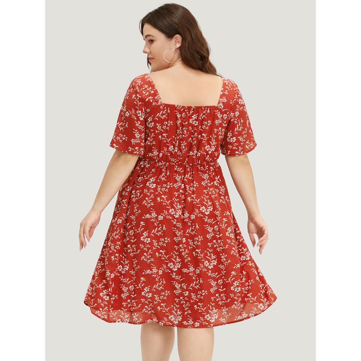 Plus Size Floral Print Square Neck Ruched Ruffles Drawstring Dress Red Women Elegant Drawstring Square Neck Short sleeve Curvy Midi Dress BloomChic 18-20/2X Product Image
